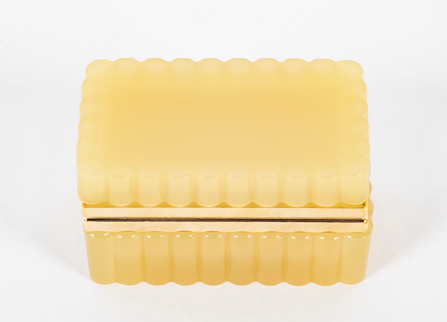 Pale Butterscotch Color Scalloped Shape Glass Box with Brass Mounts