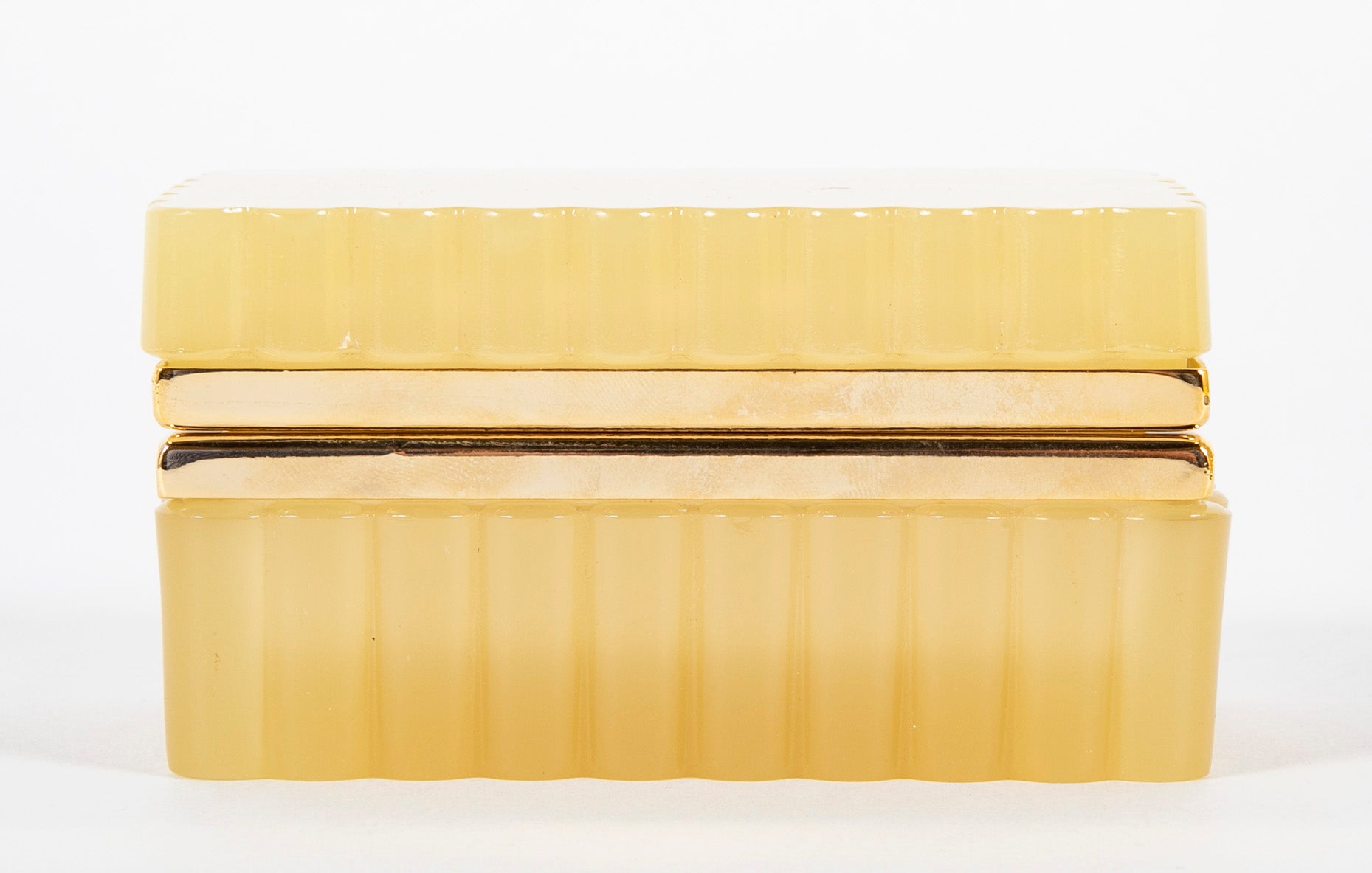 Pale Butterscotch Color Scalloped Shape Glass Box with Brass Mounts