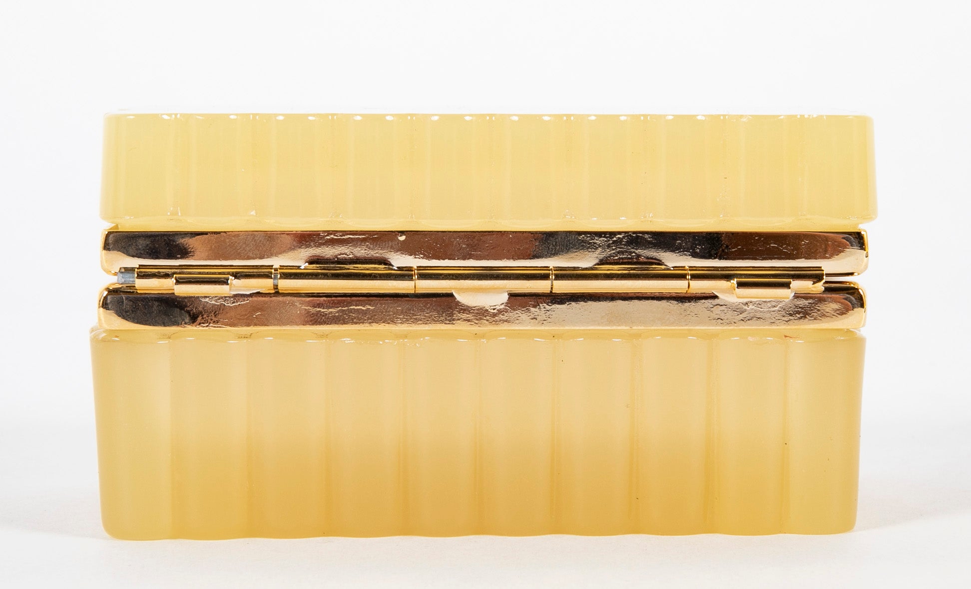 Pale Butterscotch Color Scalloped Shape Glass Box with Brass Mounts