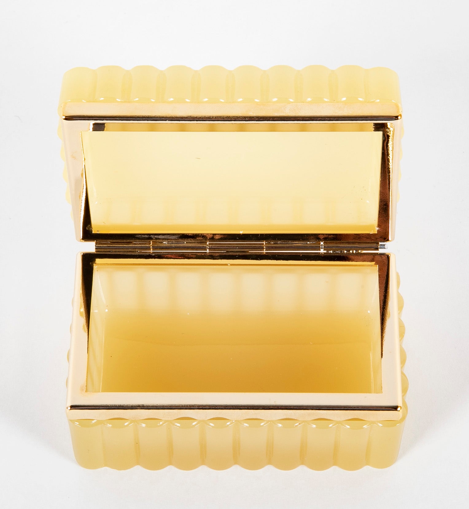 Pale Butterscotch Color Scalloped Shape Glass Box with Brass Mounts