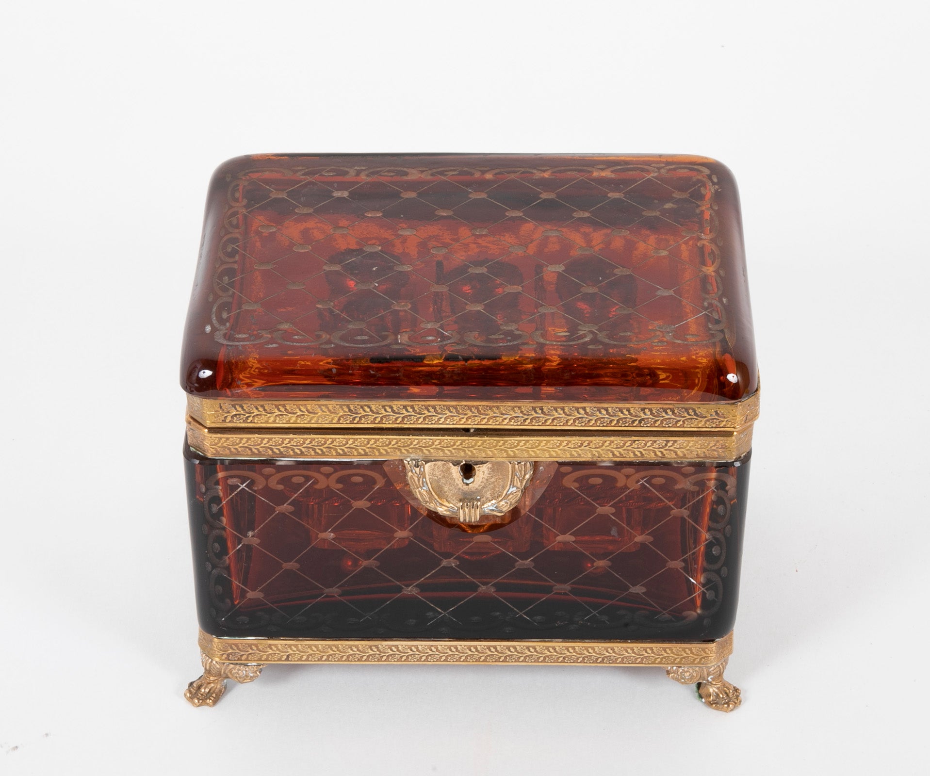 A 19th Century Bohemian Cut Crystal Box with 6 Crystal Perfume Bottles