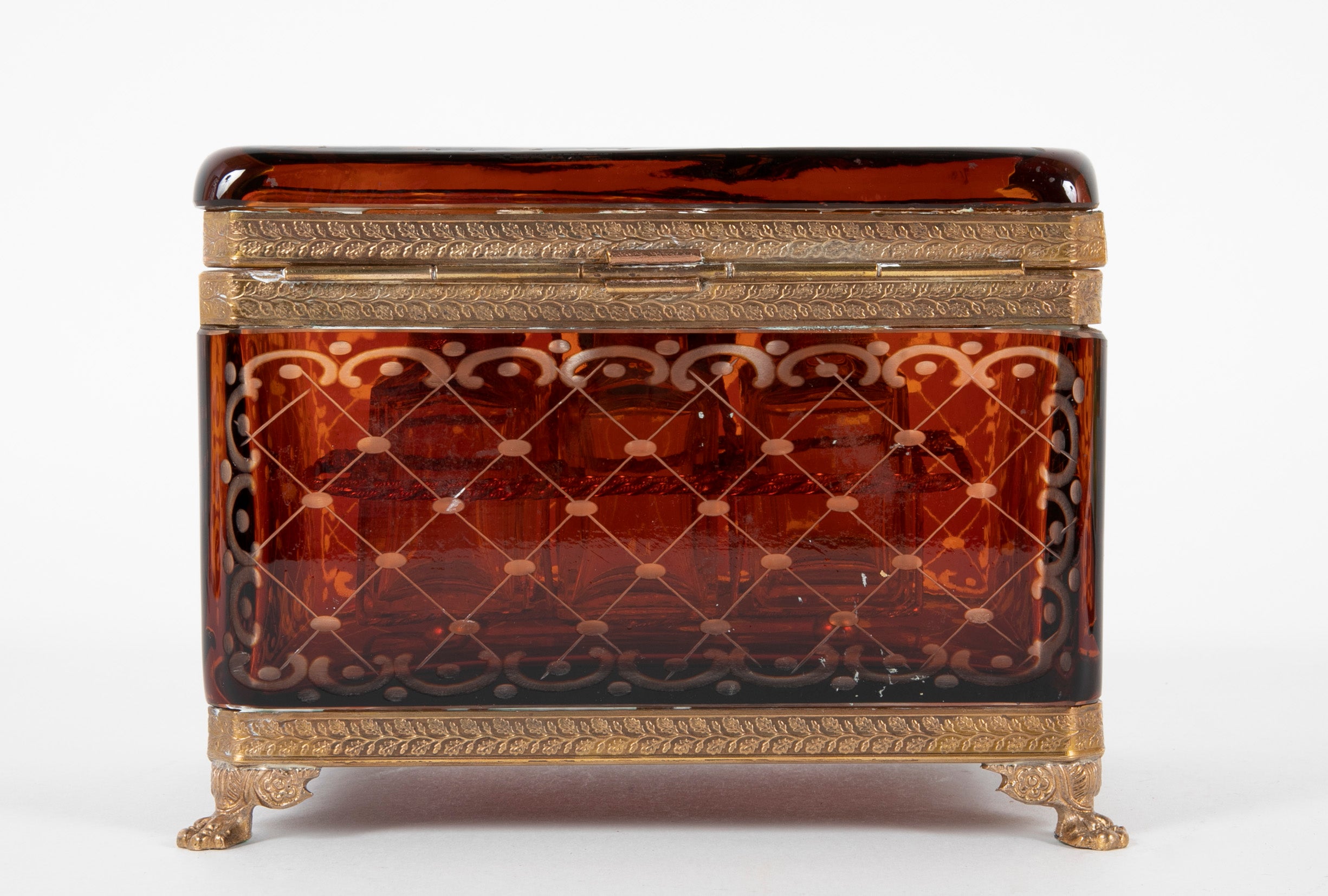 A 19th Century Bohemian Cut Crystal Box with 6 Crystal Perfume Bottles