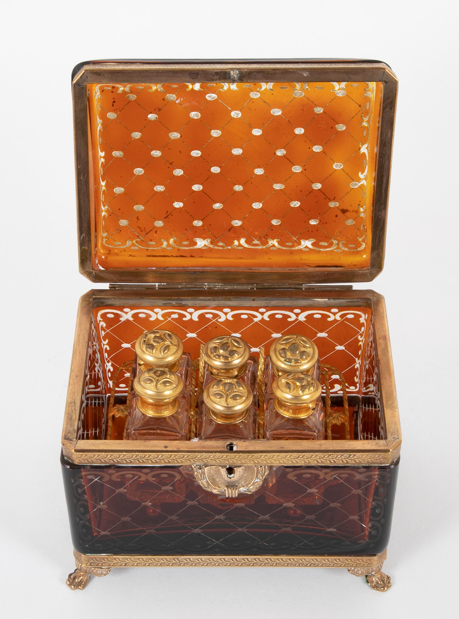 A 19th Century Bohemian Cut Crystal Box with 6 Crystal Perfume Bottles