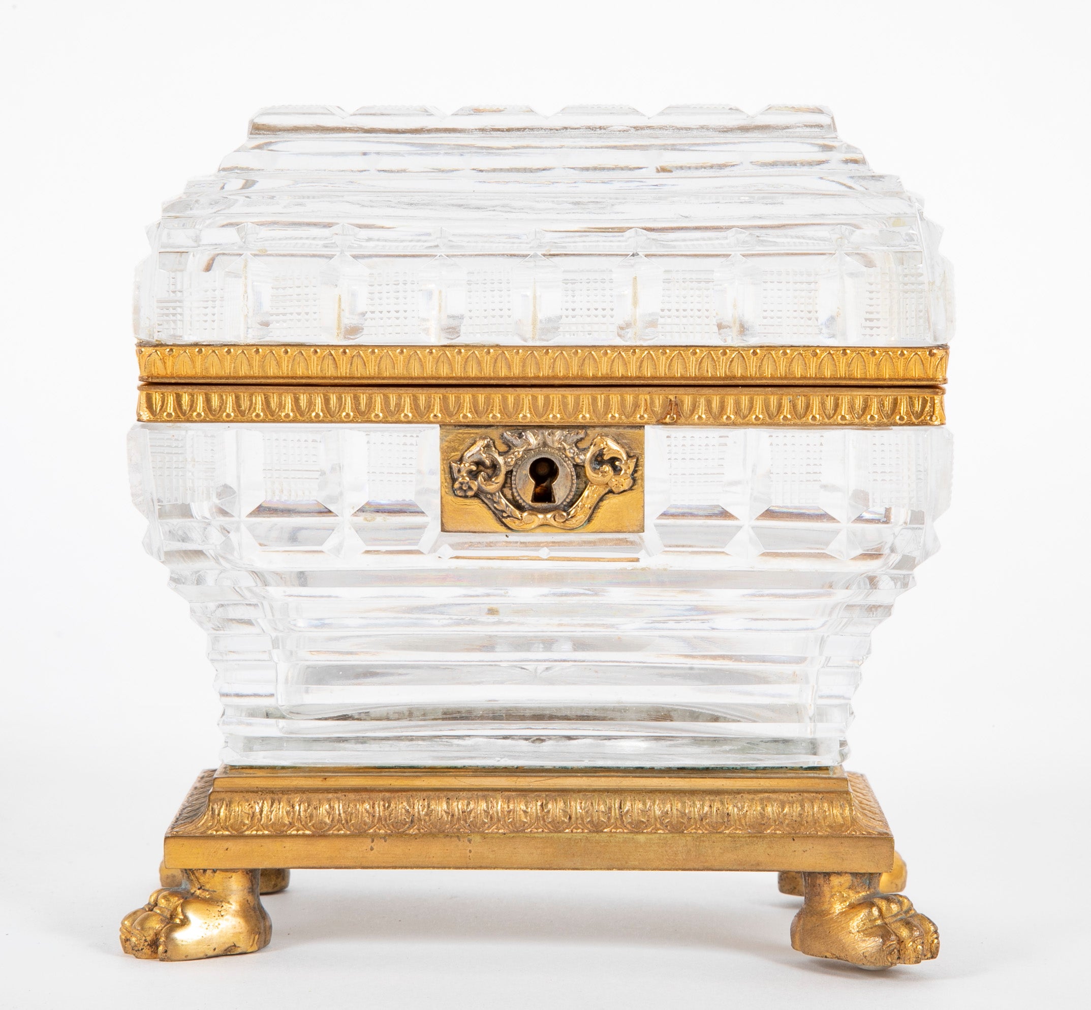 Antique Clear Cut Crystal Box with Bronze Mounts & Key