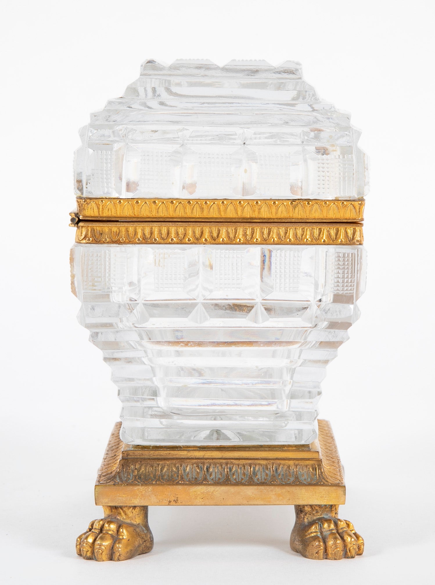 Antique Clear Cut Crystal Box with Bronze Mounts & Key