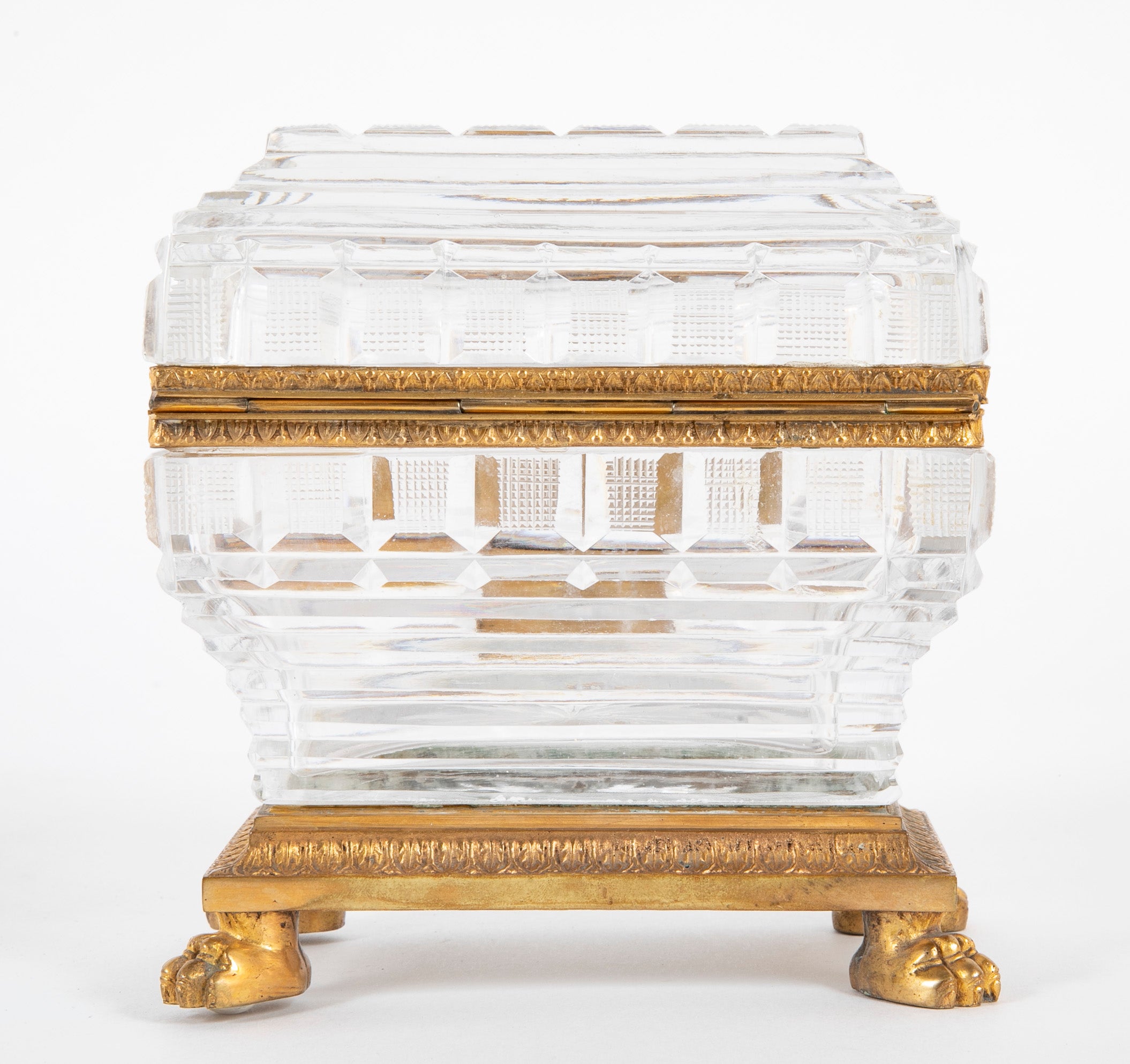 Antique Clear Cut Crystal Box with Bronze Mounts & Key