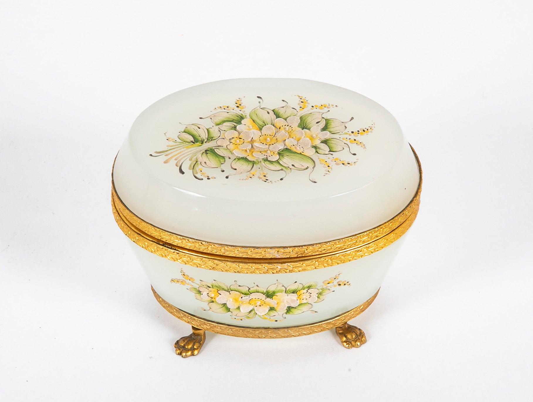 French Opaline Glass Box with Opalescent Carved Floral Design