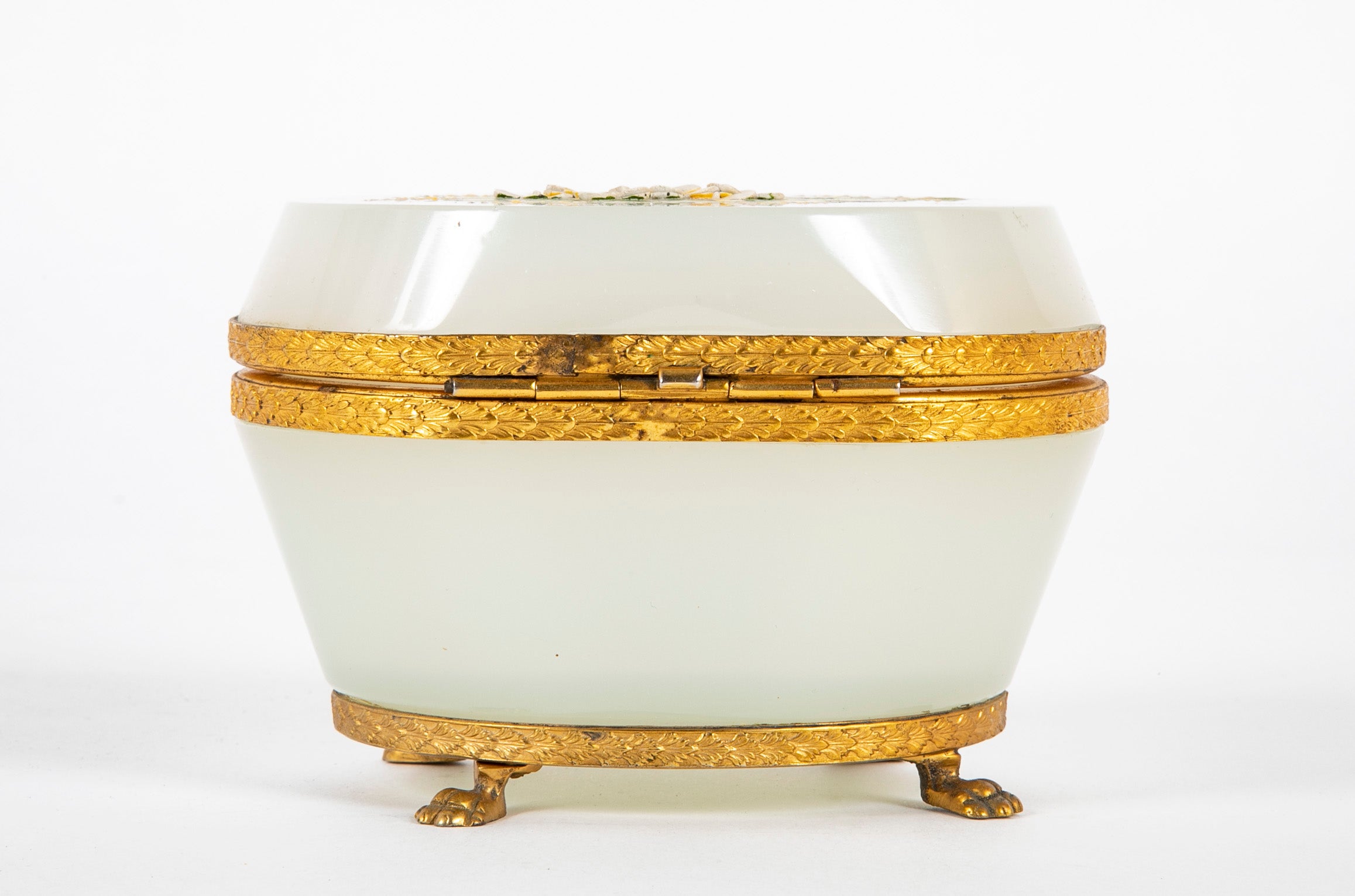 French Opaline Glass Box with Opalescent Carved Floral Design