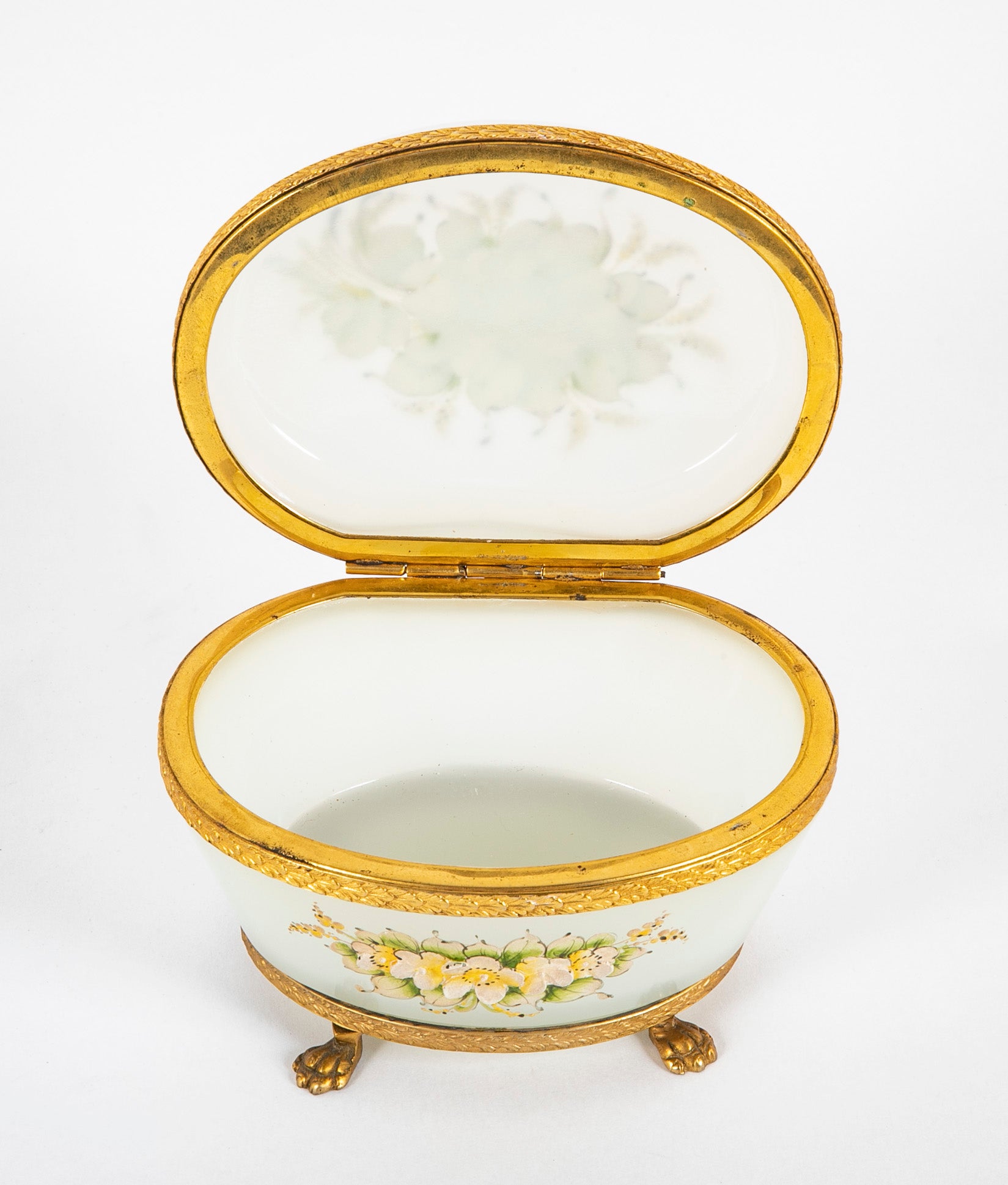 French Opaline Glass Box with Opalescent Carved Floral Design