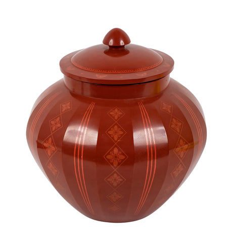 Large Japanese Red Lacquer Faceted Ginger Jar with Floral Design