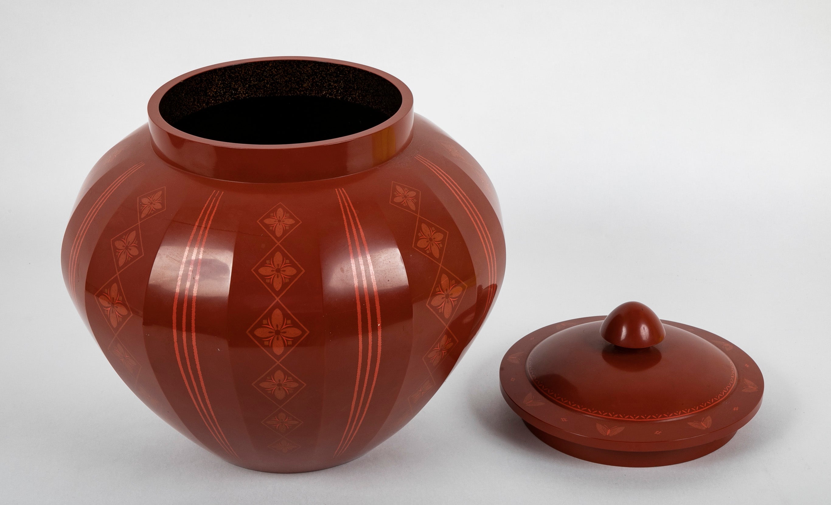 Large Japanese Red Lacquer Faceted Ginger Jar with Floral Design