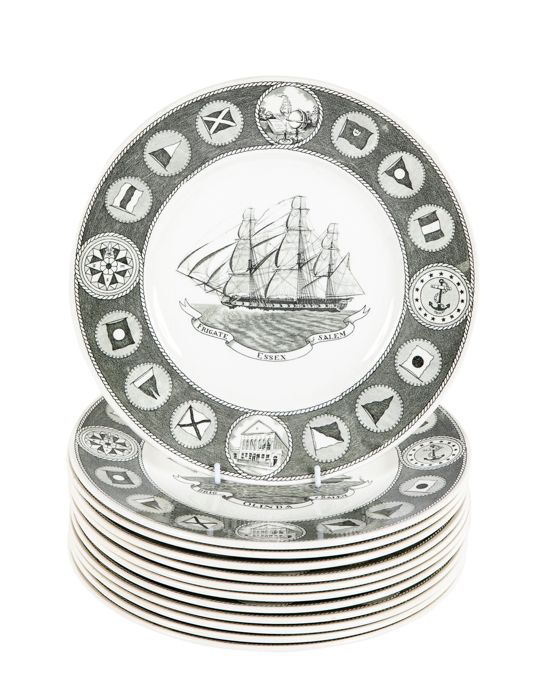 Set of 12 Wedgwood Dinner Plates Commemorating 150th Anniversary of the Peabody Essex Museum of Salem, MA