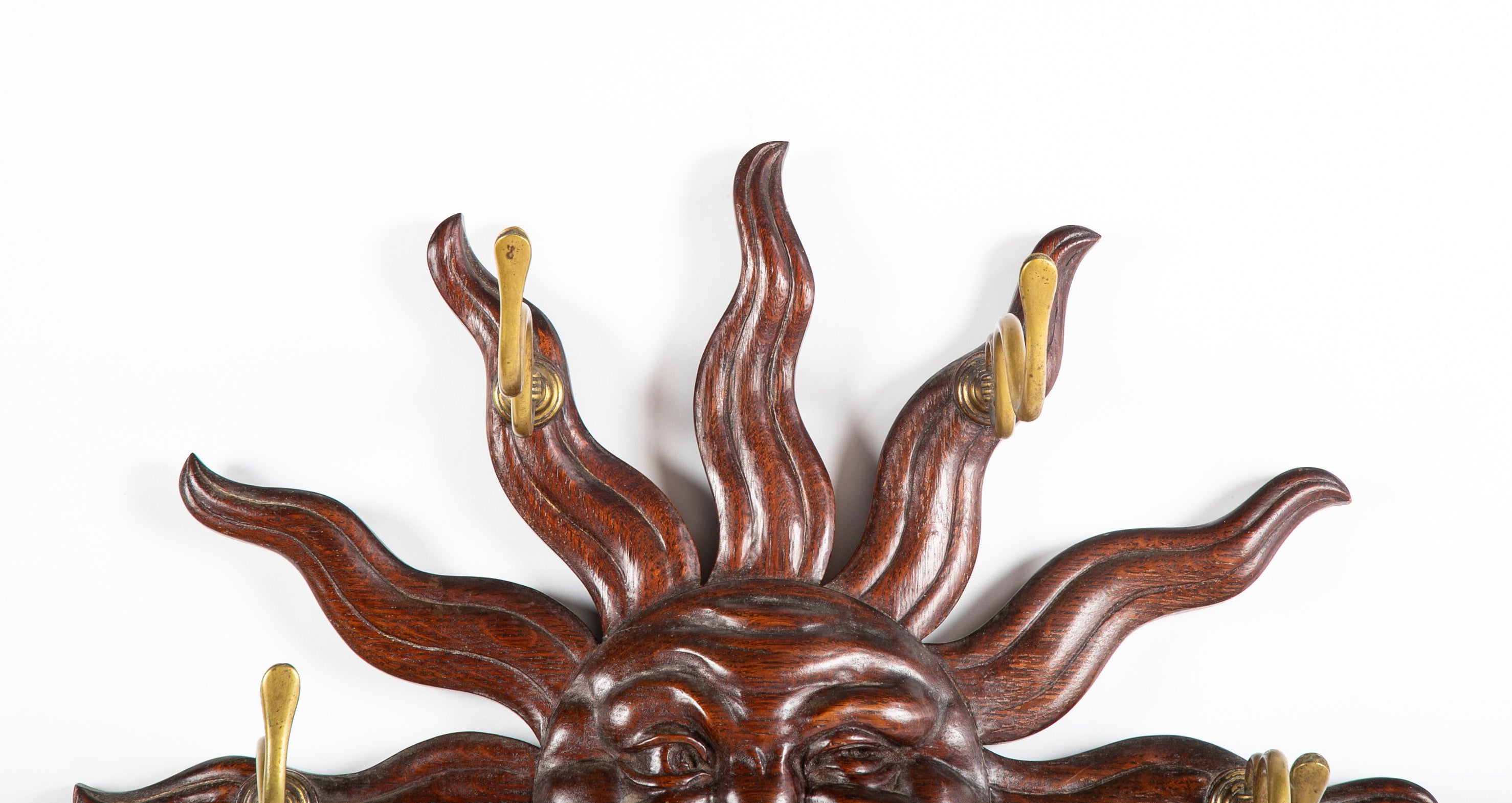 Carved Oak Sunburst with Center Face Wall Mounted Coat Rack