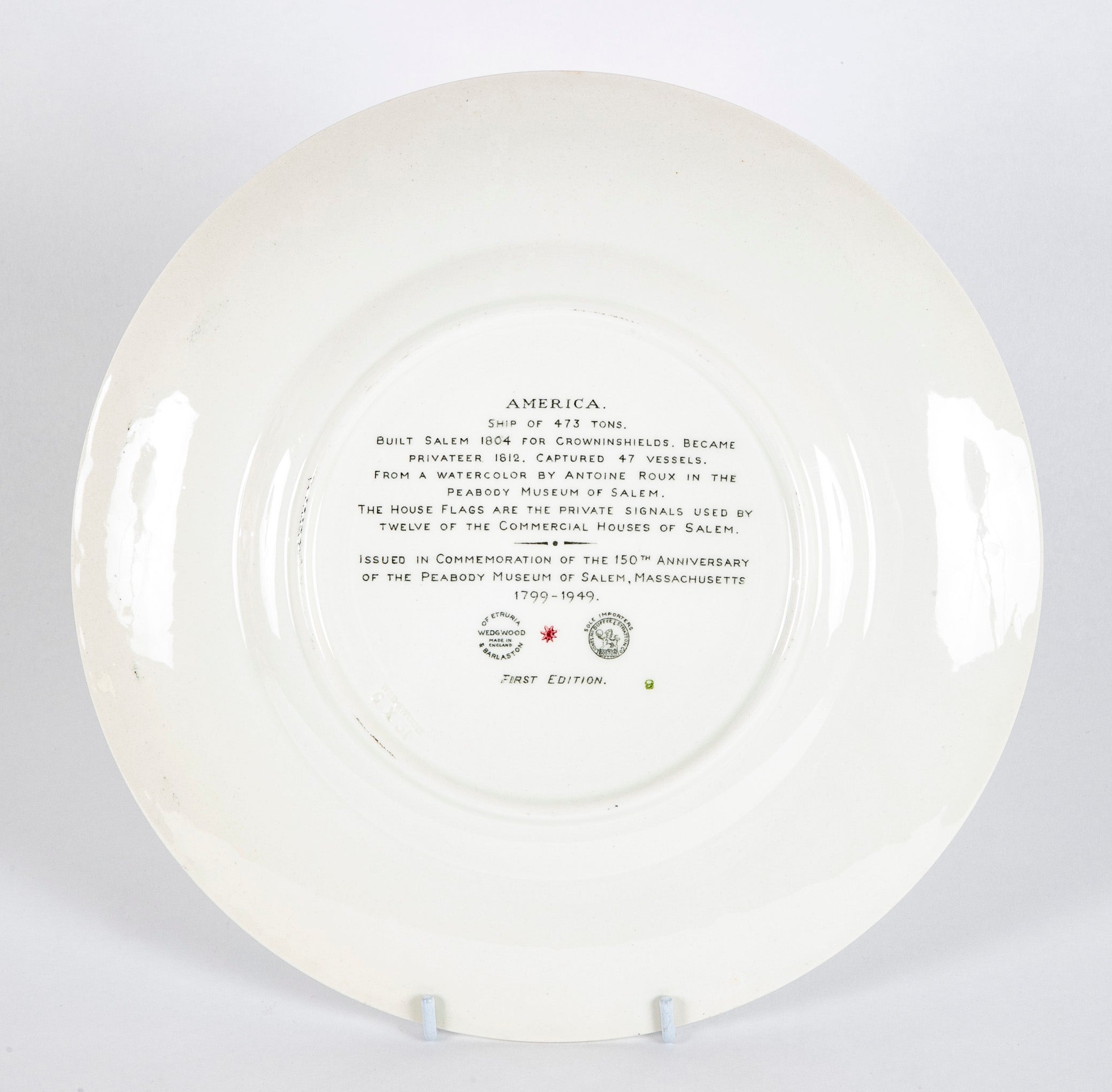 Set of 12 Wedgwood Dinner Plates Commemorating 150th Anniversary of the Peabody Essex Museum of Salem, MA