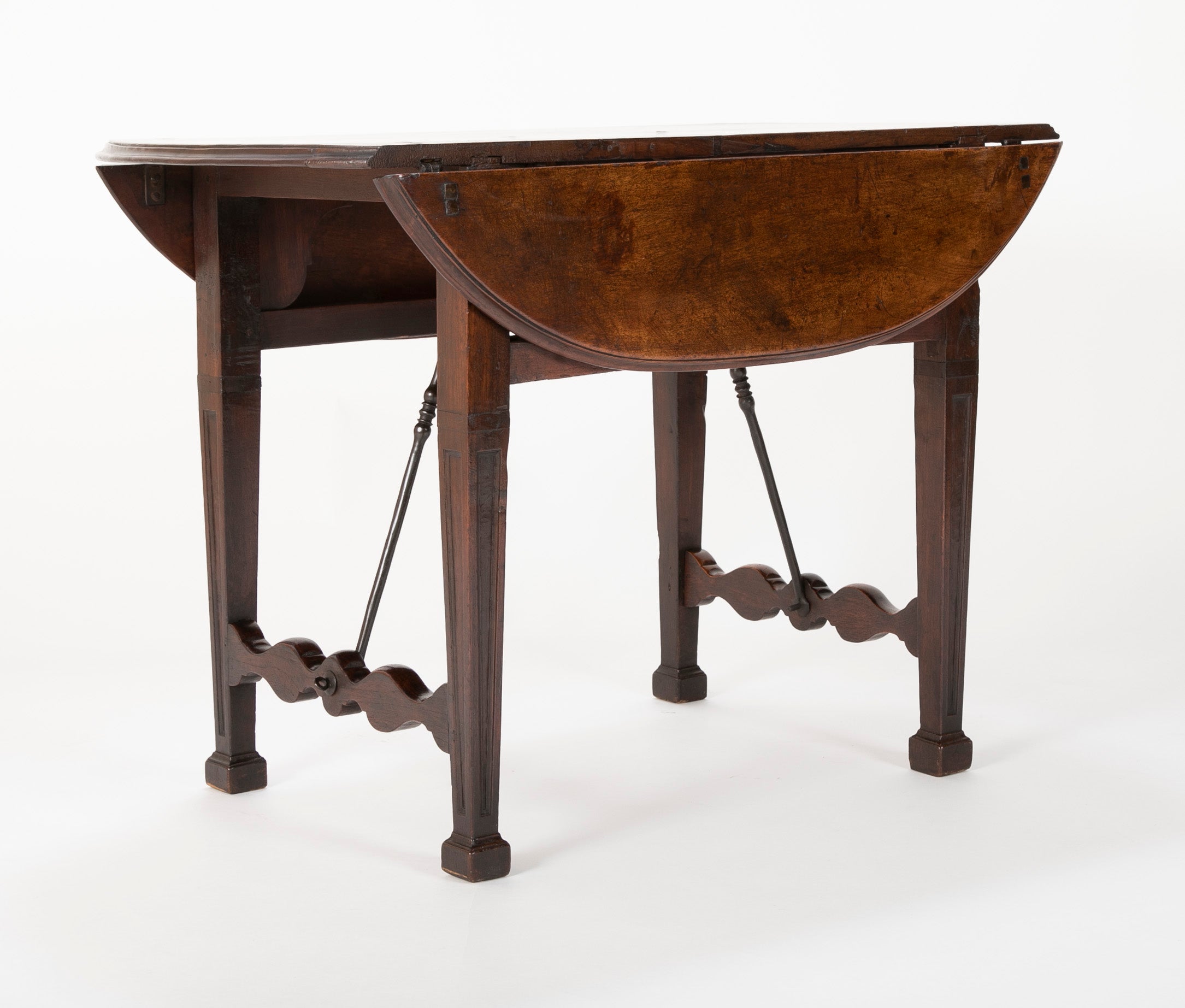 Spanish Baroque Walnut Drop Leaf Table with Wrought Iron Stretchers