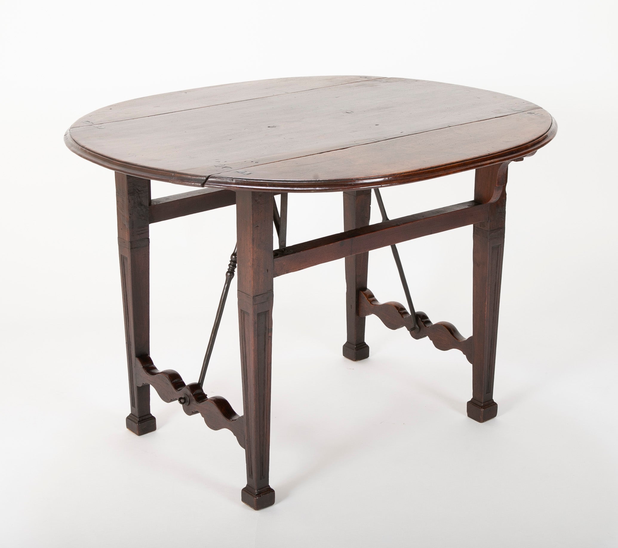 Spanish Baroque Walnut Drop Leaf Table with Wrought Iron Stretchers