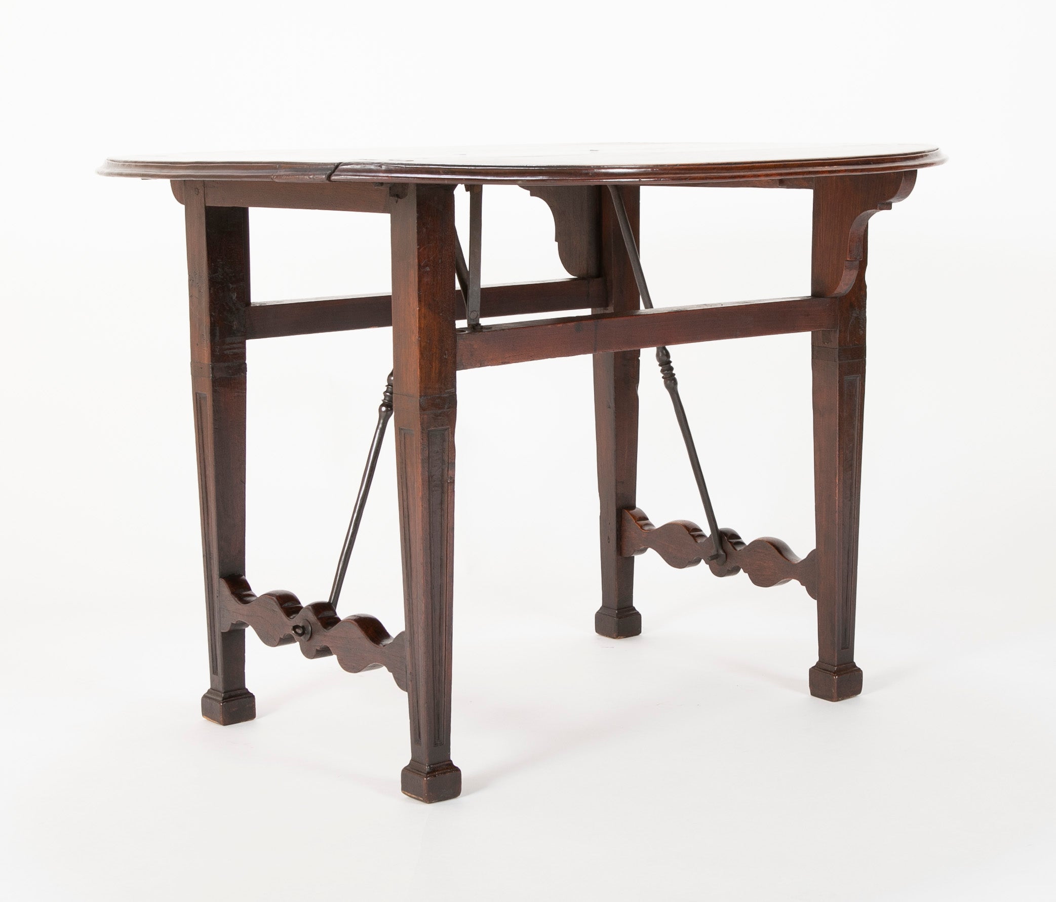 Spanish Baroque Walnut Drop Leaf Table with Wrought Iron Stretchers