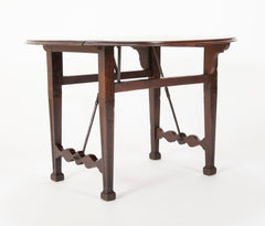 Spanish Baroque Walnut Drop Leaf Table with Wrought Iron Stretchers