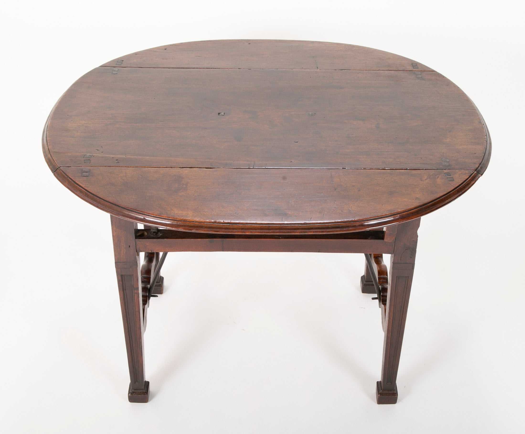 Spanish Baroque Walnut Drop Leaf Table with Wrought Iron Stretchers
