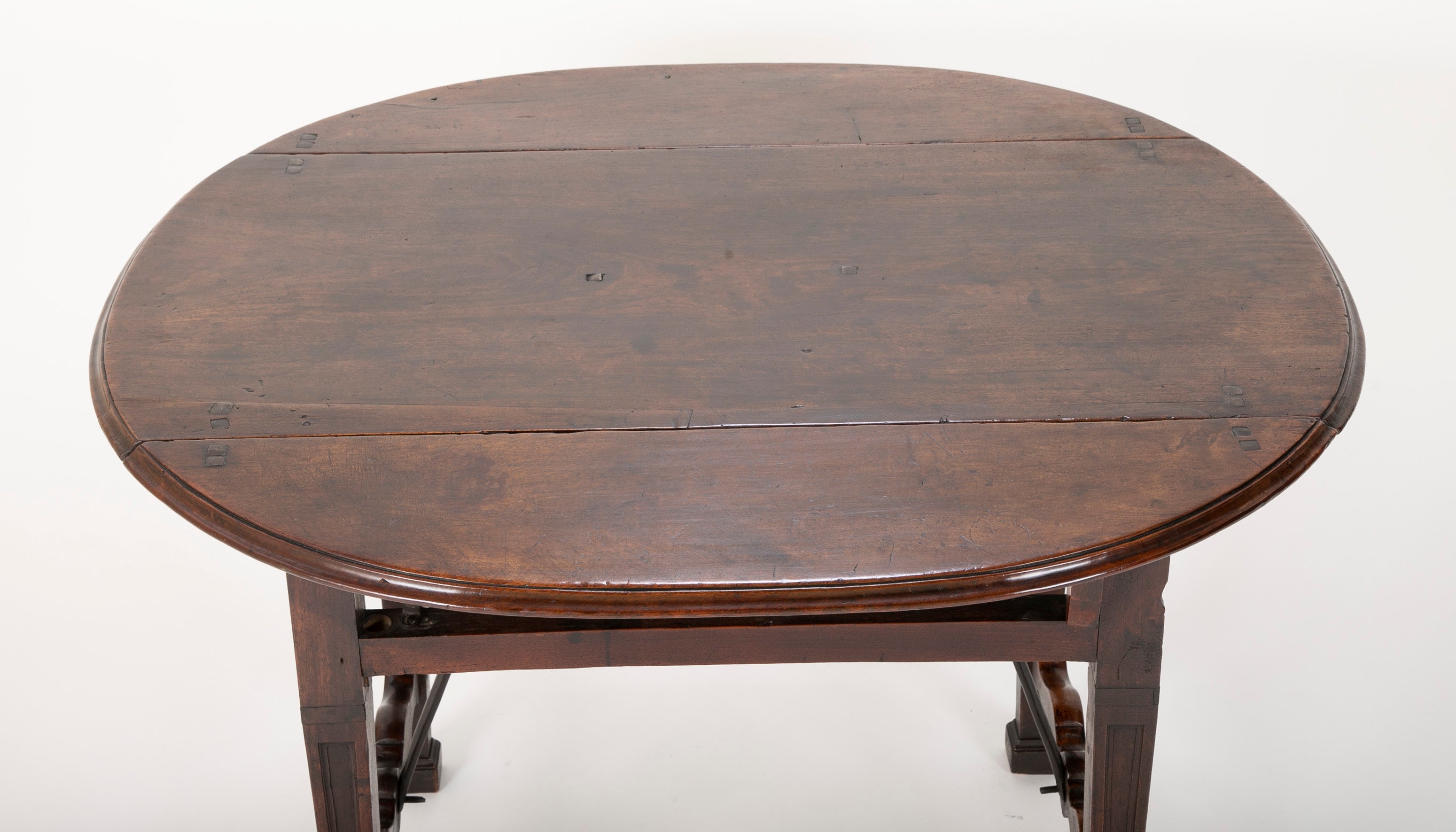 Spanish Baroque Walnut Drop Leaf Table with Wrought Iron Stretchers