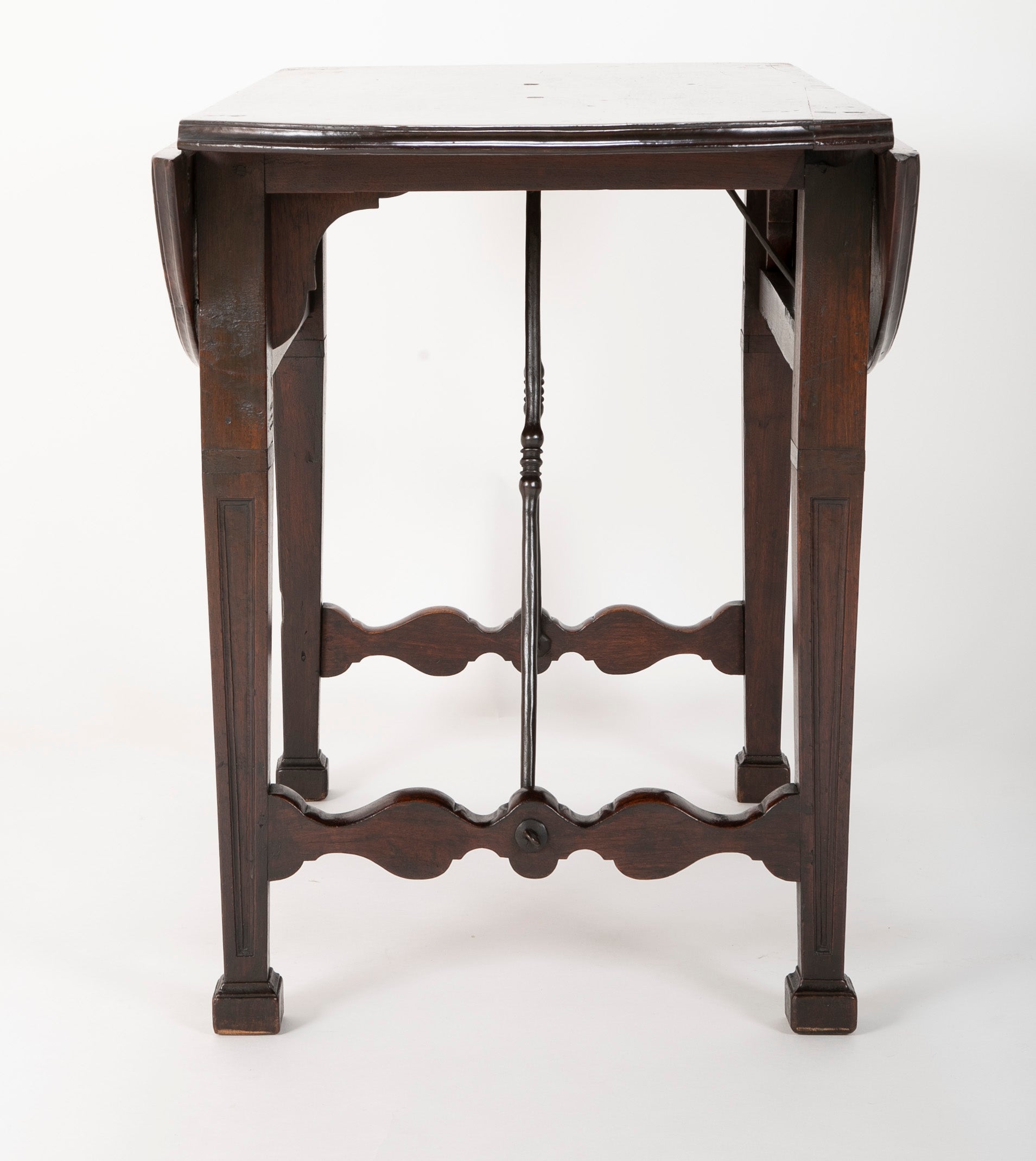 Spanish Baroque Walnut Drop Leaf Table with Wrought Iron Stretchers