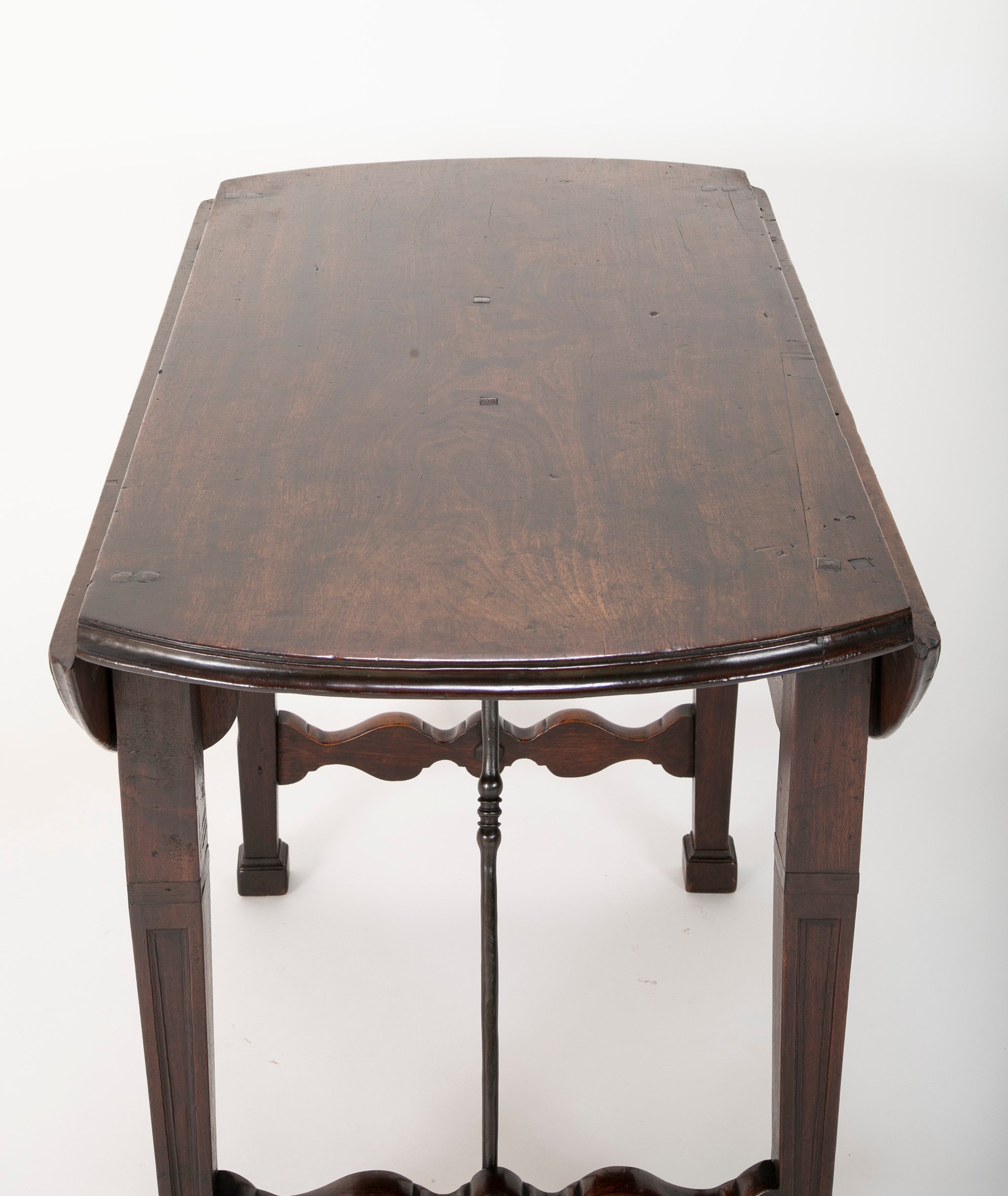 Spanish Baroque Walnut Drop Leaf Table with Wrought Iron Stretchers