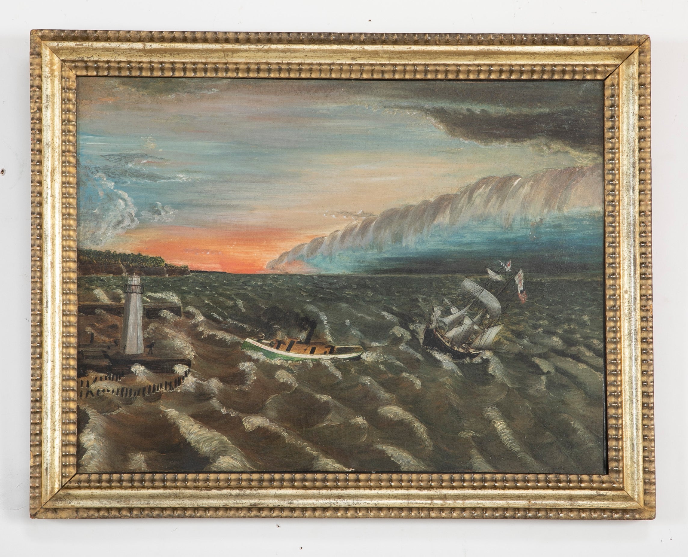 Mid 19th Century Oil on Canvas of a Ship in Distress Under Tow by a Tug