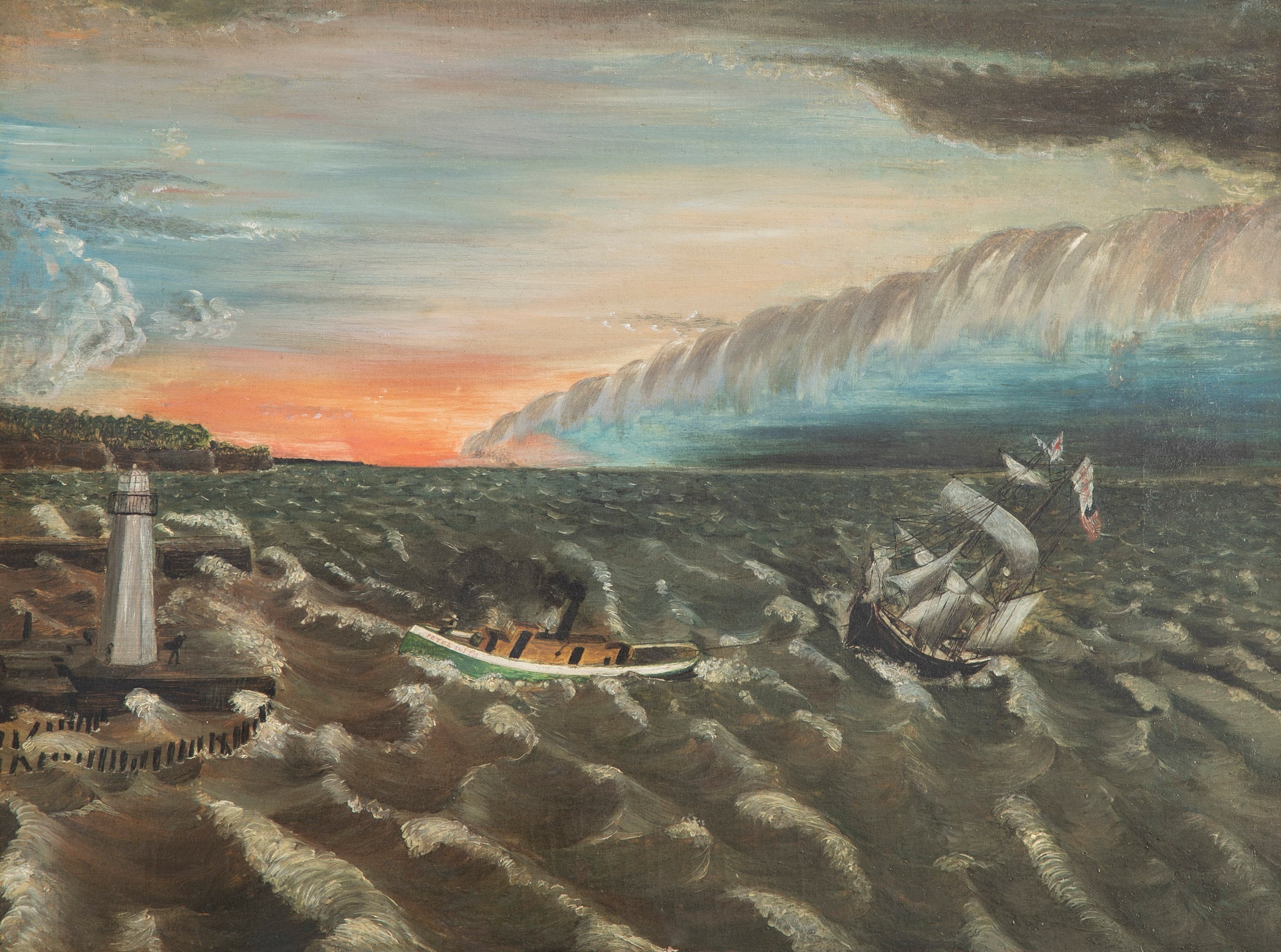 Mid 19th Century Oil on Canvas of a Ship in Distress Under Tow by a Tug