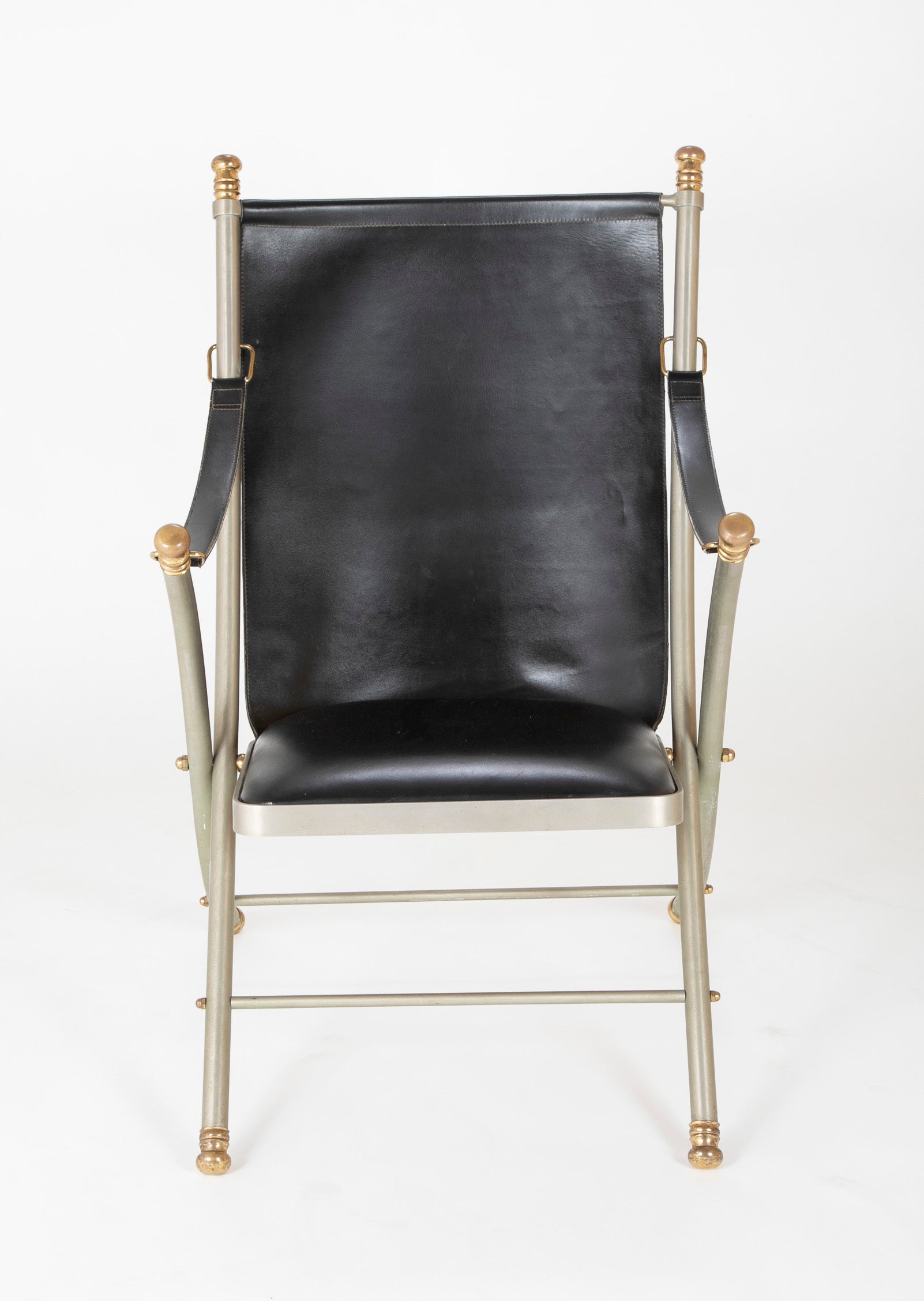 Maison Jansen Brushed Steel, Bronze & Black Leather Campaign Chair
