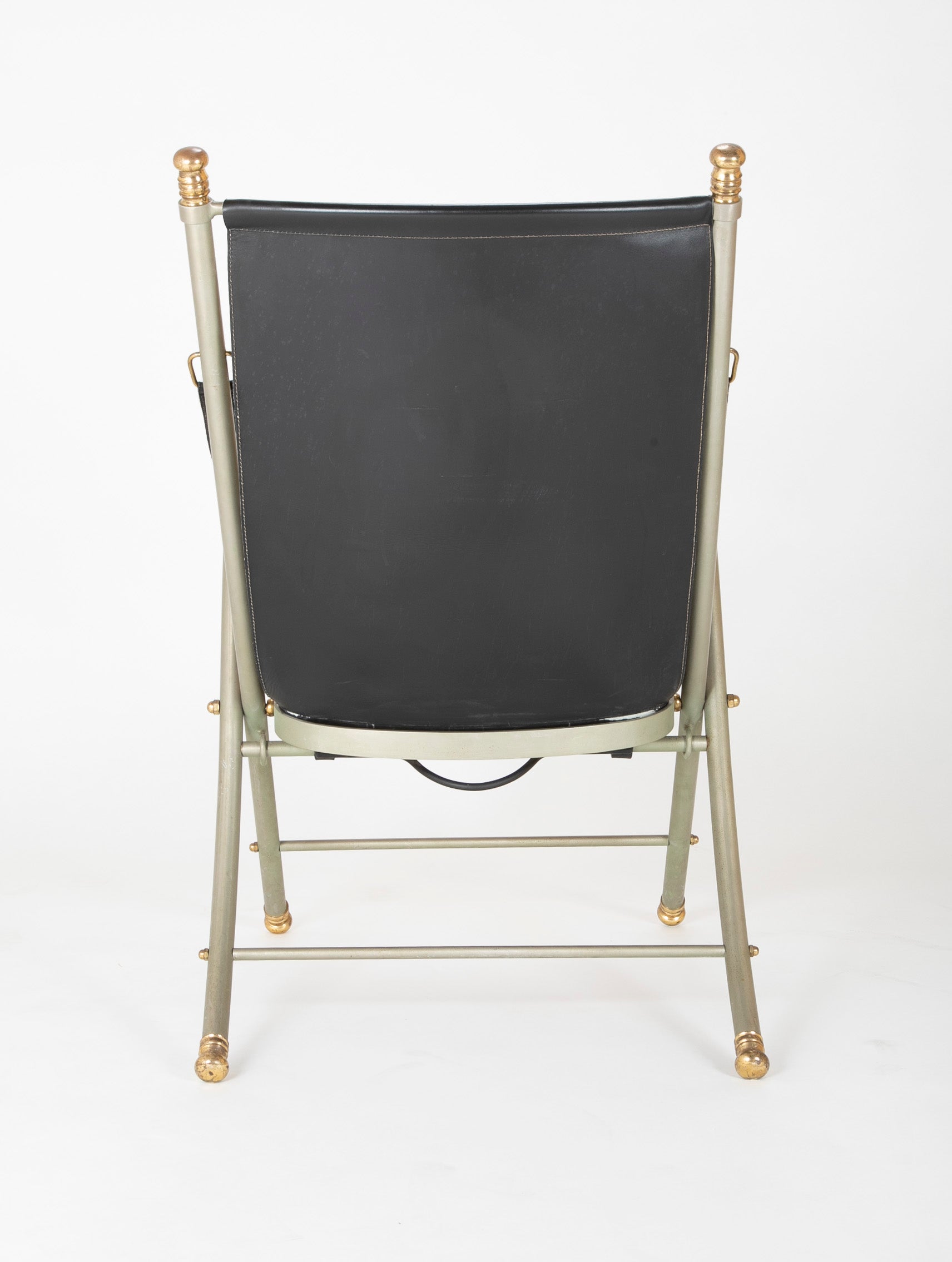 Maison Jansen Brushed Steel, Bronze & Black Leather Campaign Chair