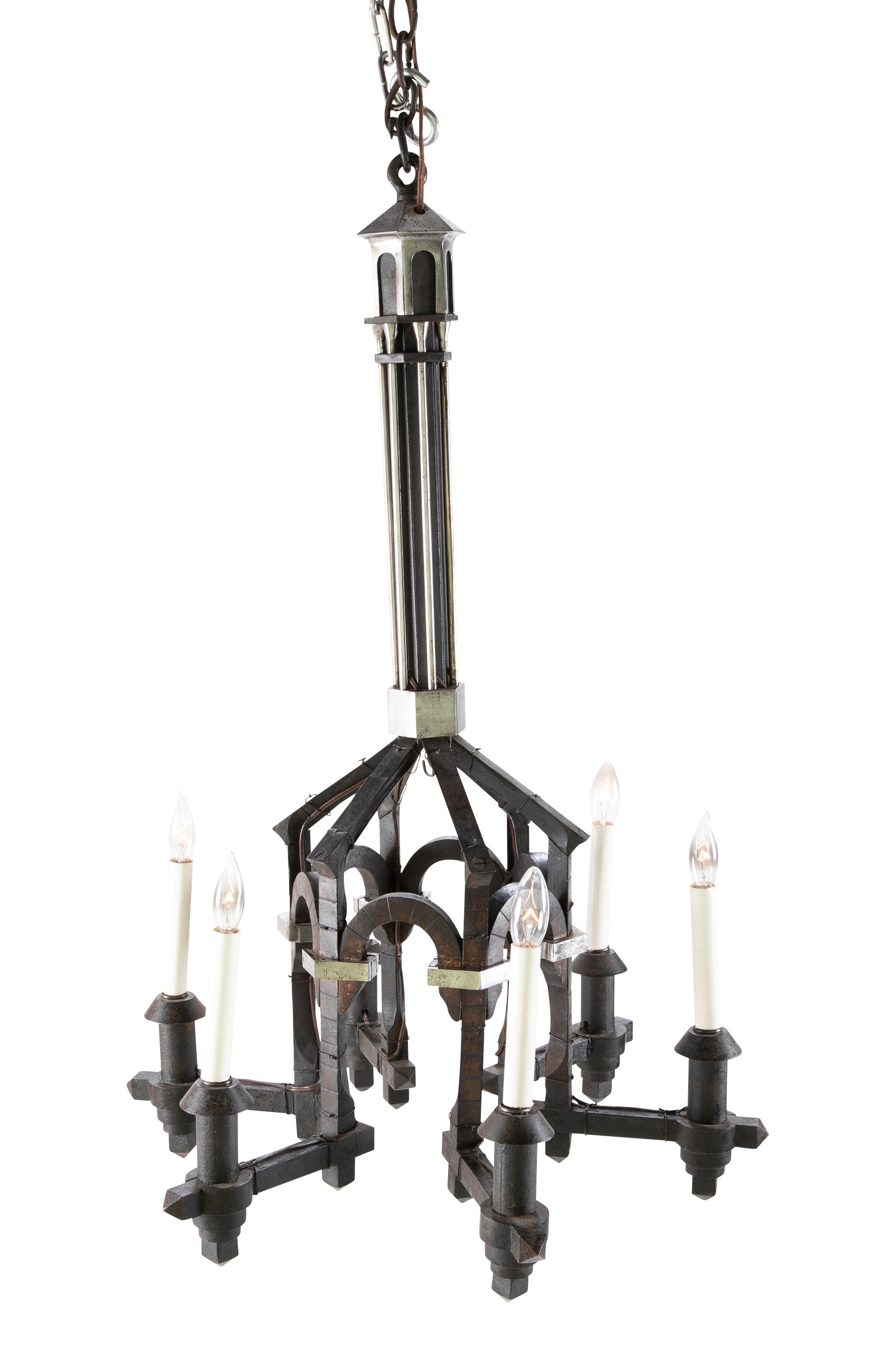 Neo-Gothic Style Forged & Blackened Wrought Iron Six Light Chandelier