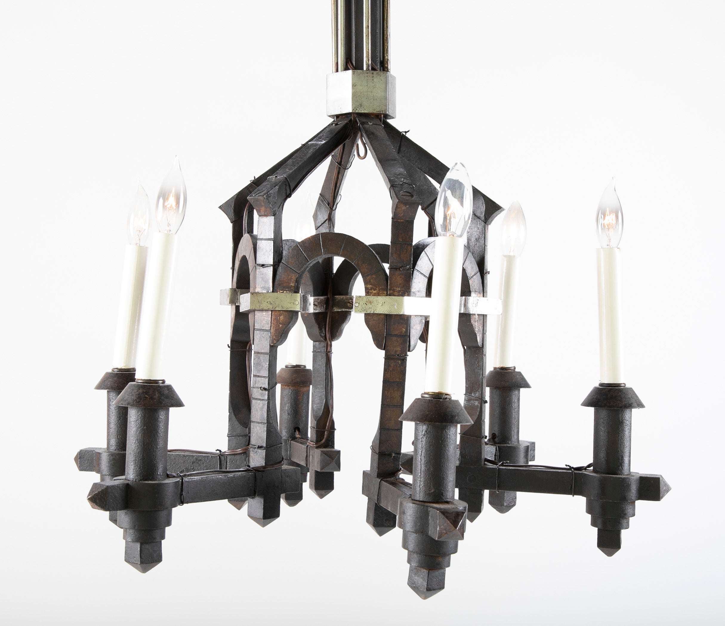 Neo-Gothic Style Forged & Blackened Wrought Iron Six Light Chandelier