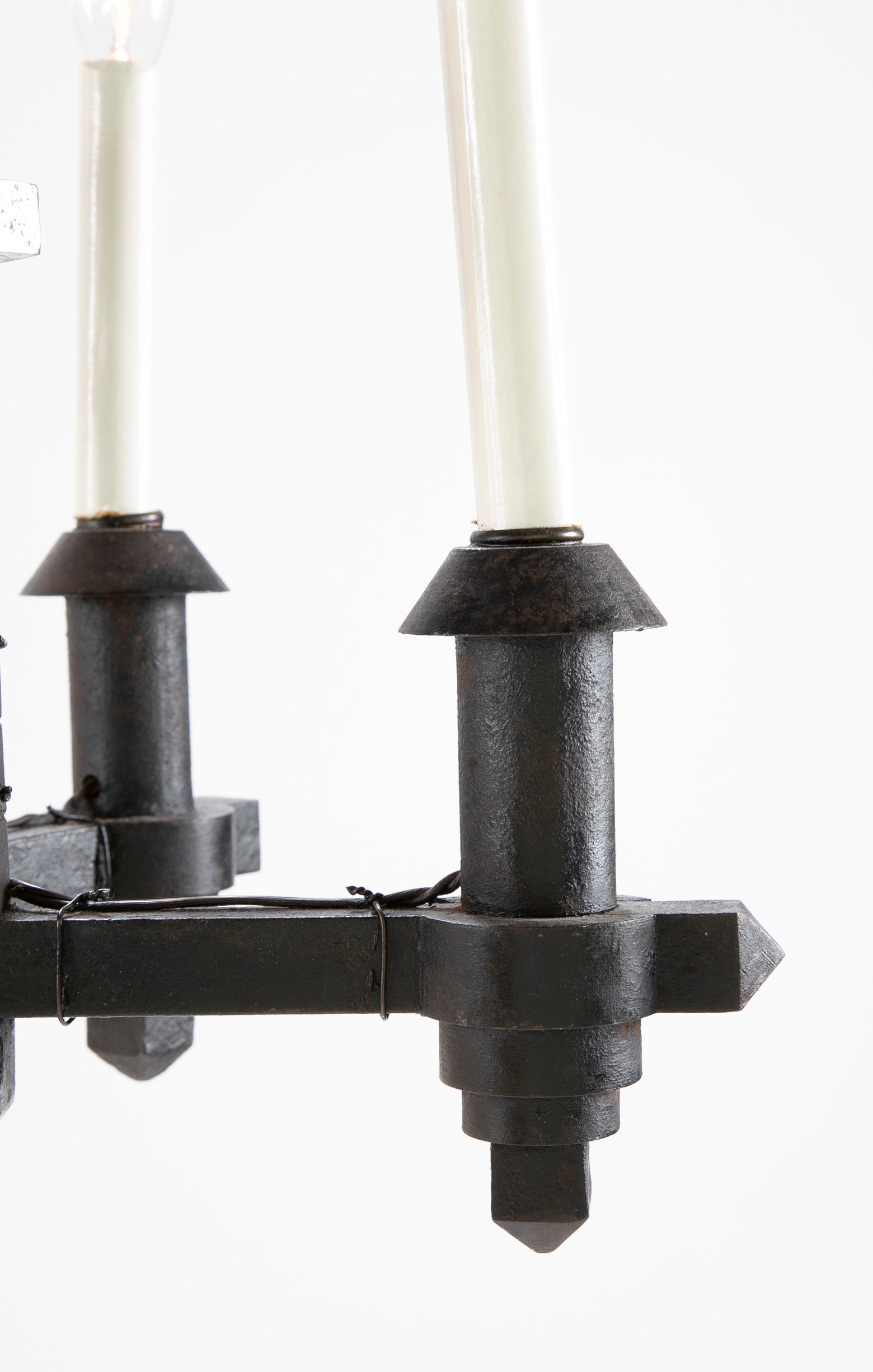 Neo-Gothic Style Forged & Blackened Wrought Iron Six Light Chandelier