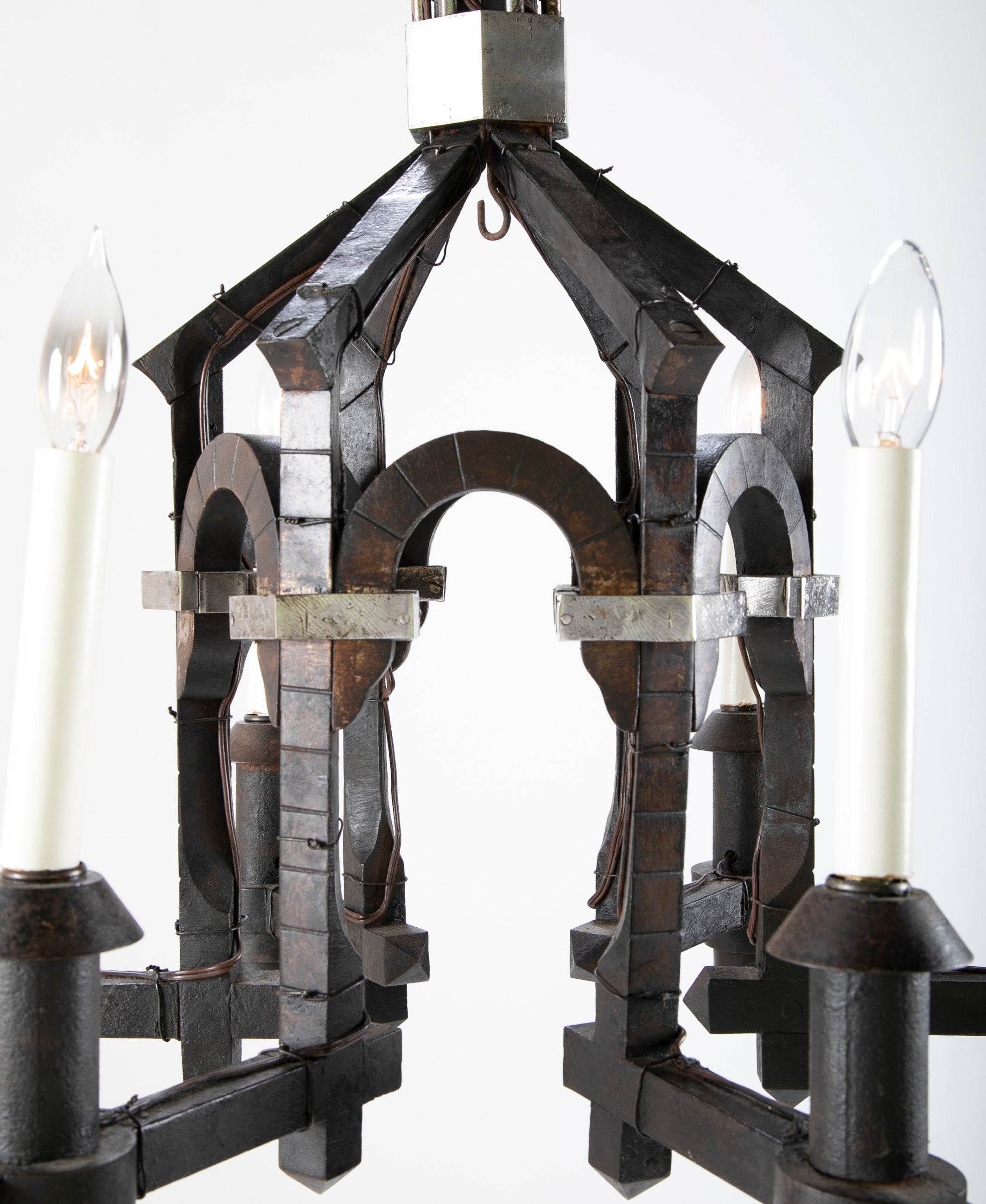 Neo-Gothic Style Forged & Blackened Wrought Iron Six Light Chandelier