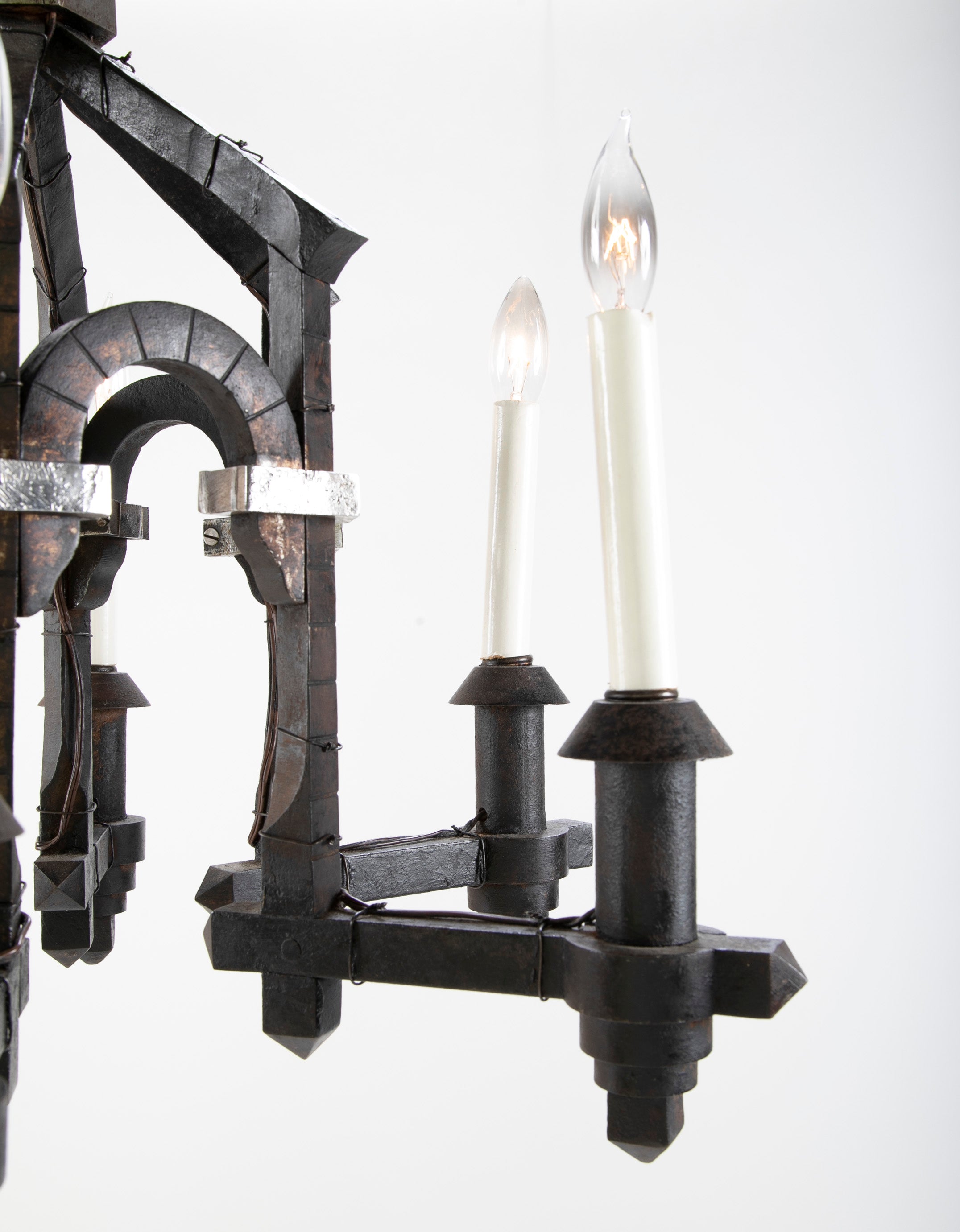Neo-Gothic Style Forged & Blackened Wrought Iron Six Light Chandelier