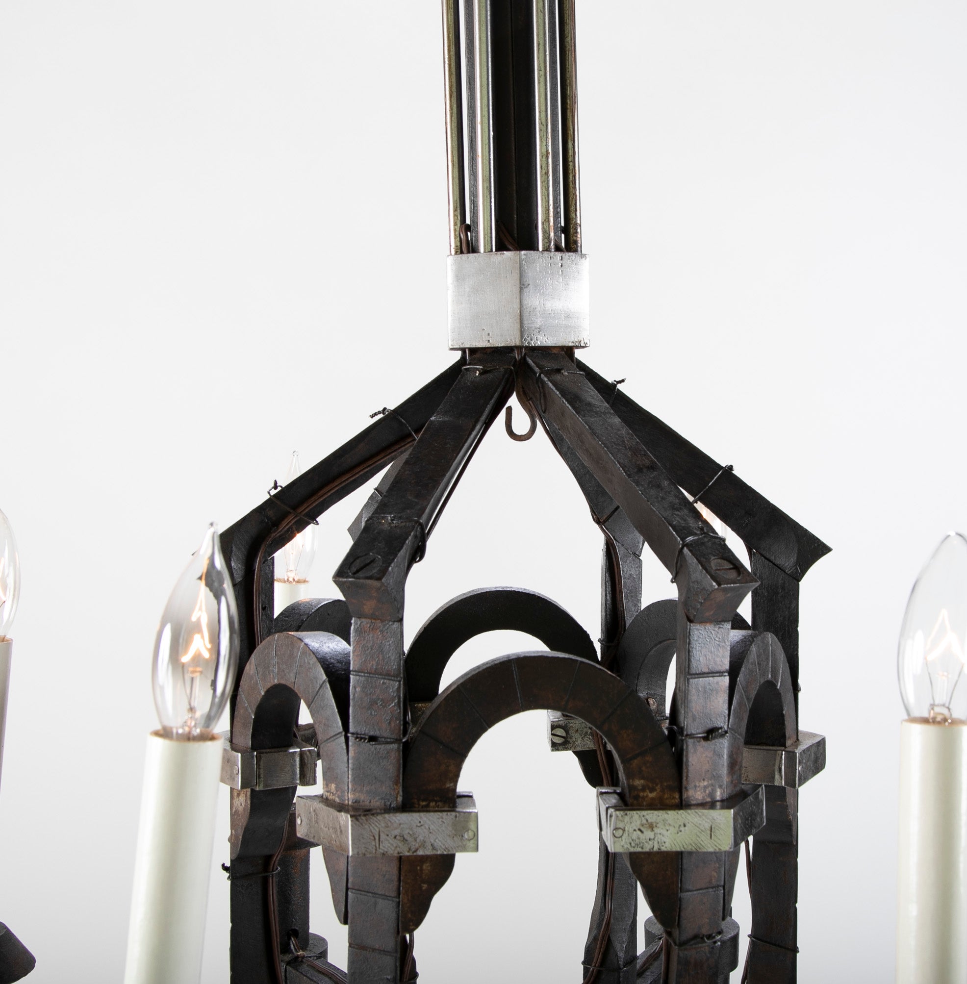Neo-Gothic Style Forged & Blackened Wrought Iron Six Light Chandelier