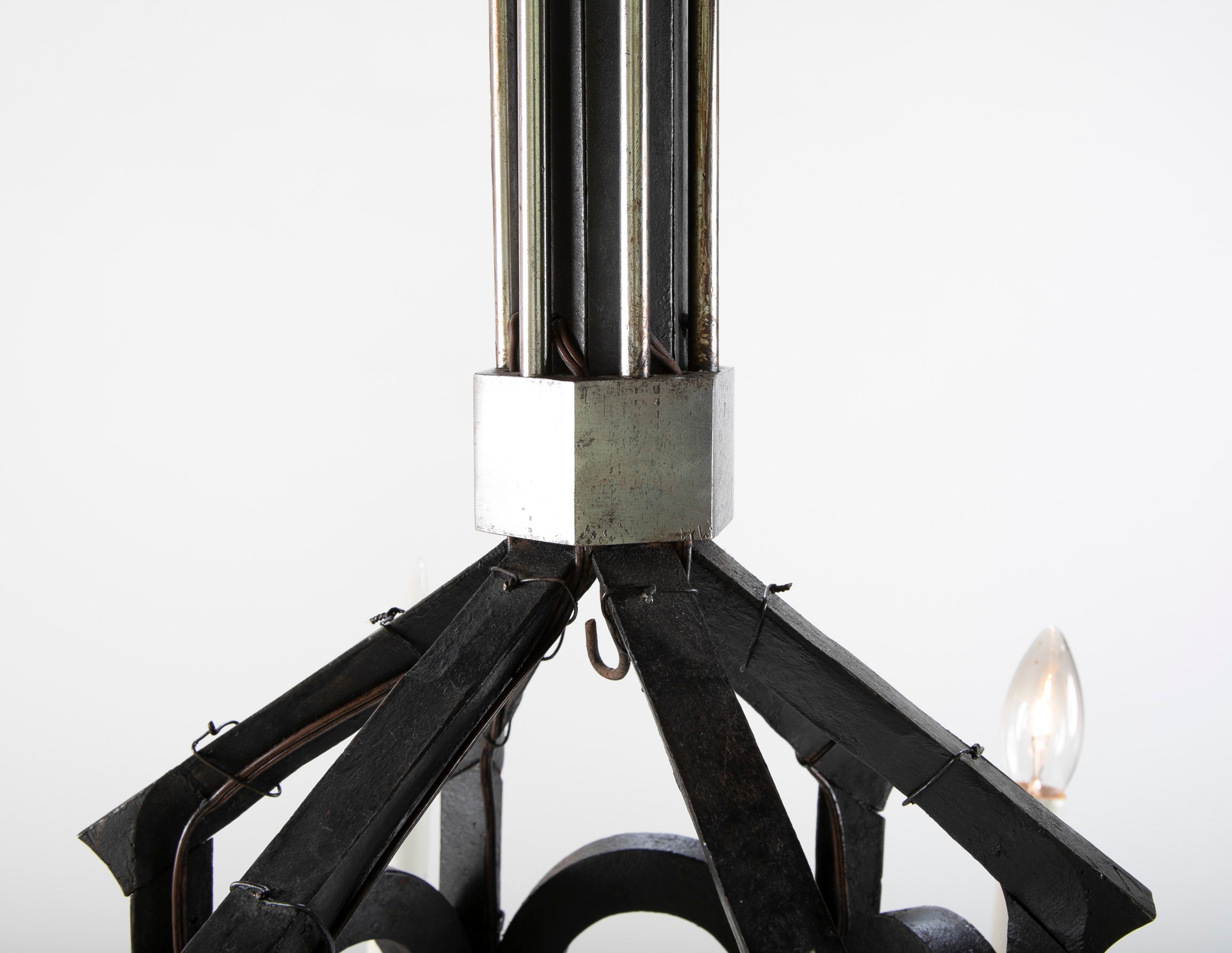 Neo-Gothic Style Forged & Blackened Wrought Iron Six Light Chandelier
