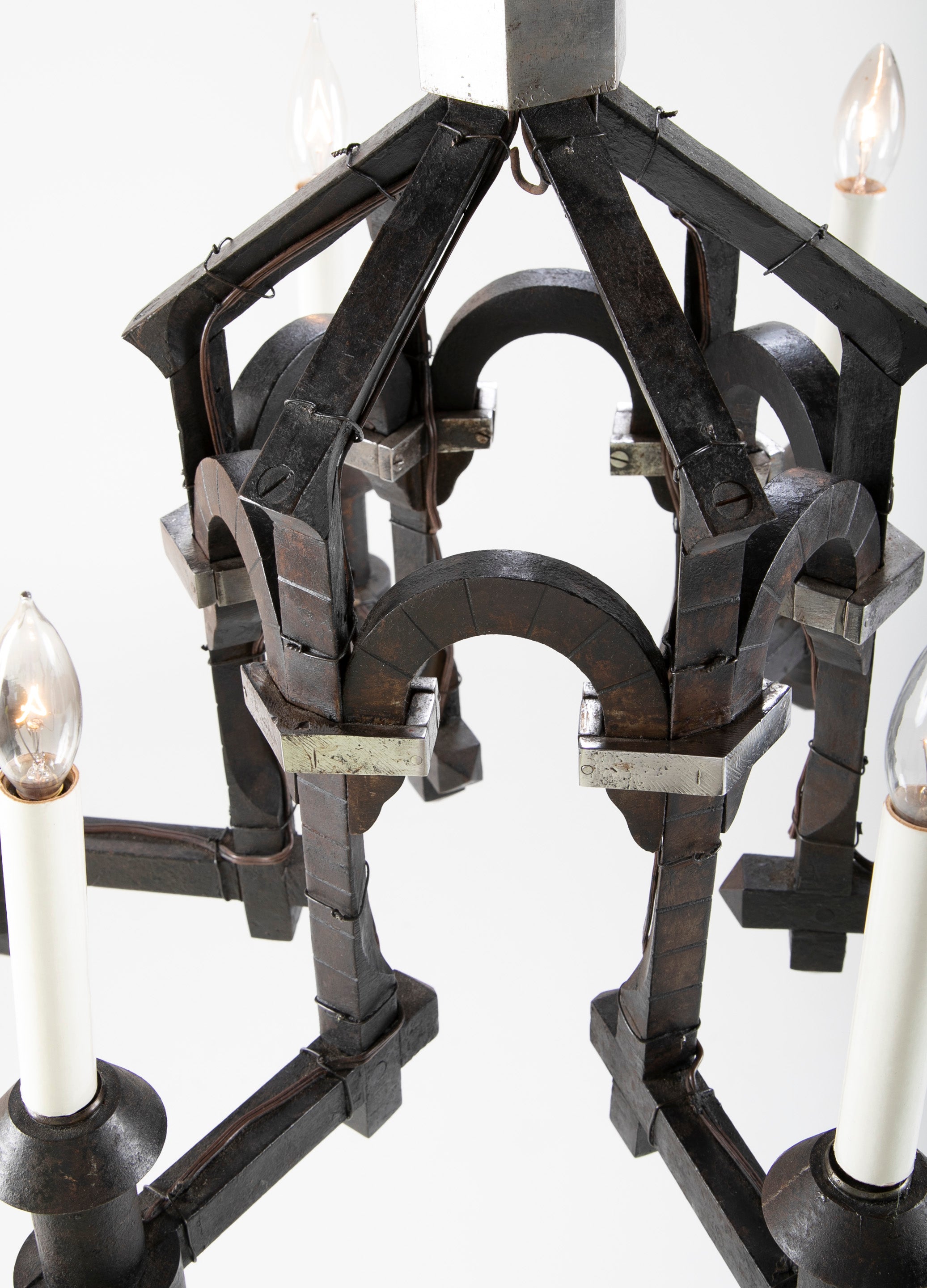 Neo-Gothic Style Forged & Blackened Wrought Iron Six Light Chandelier