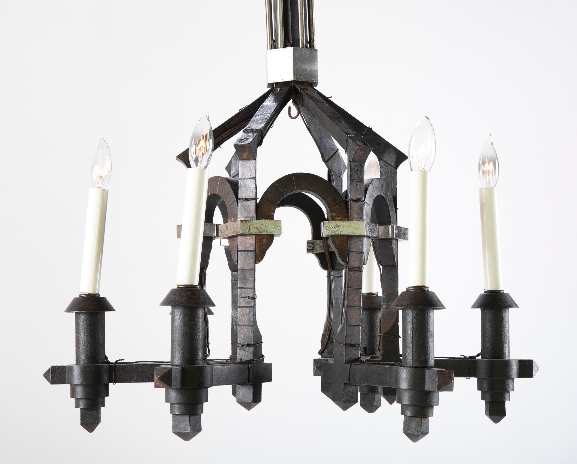Neo-Gothic Style Forged & Blackened Wrought Iron Six Light Chandelier