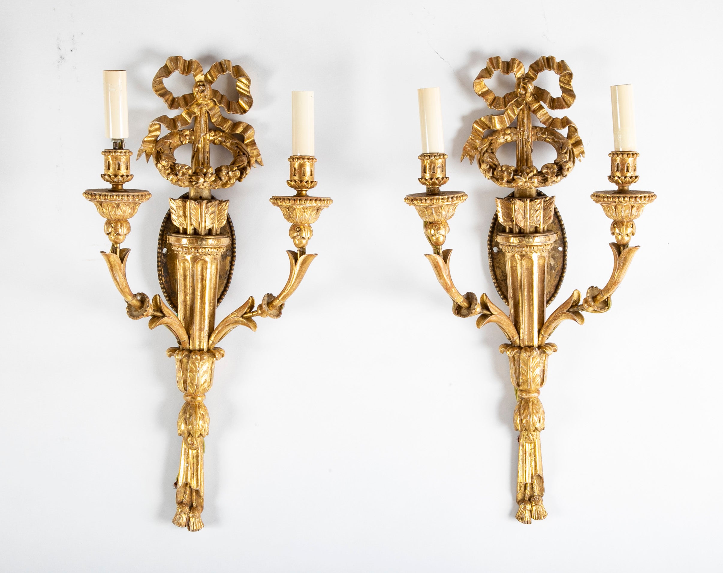 Pair of Louis XVI Giltwood Sconces with Bow Knot & Quiver Motif