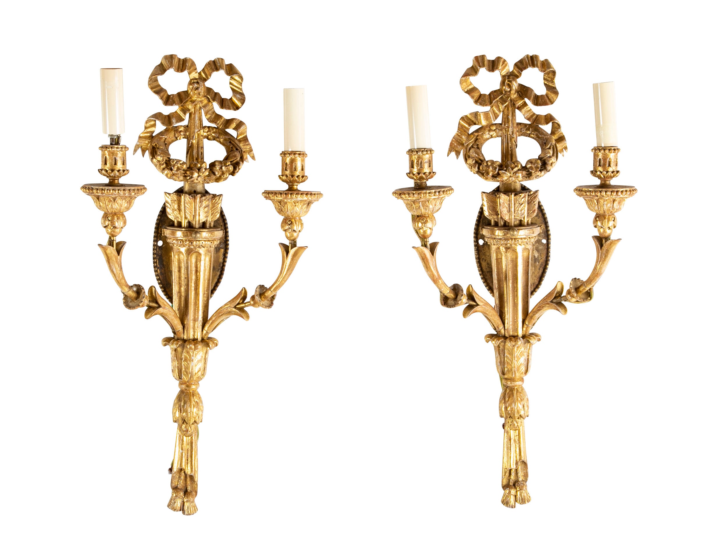 Pair of Louis XVI Giltwood Sconces with Bow Knot & Quiver Motif