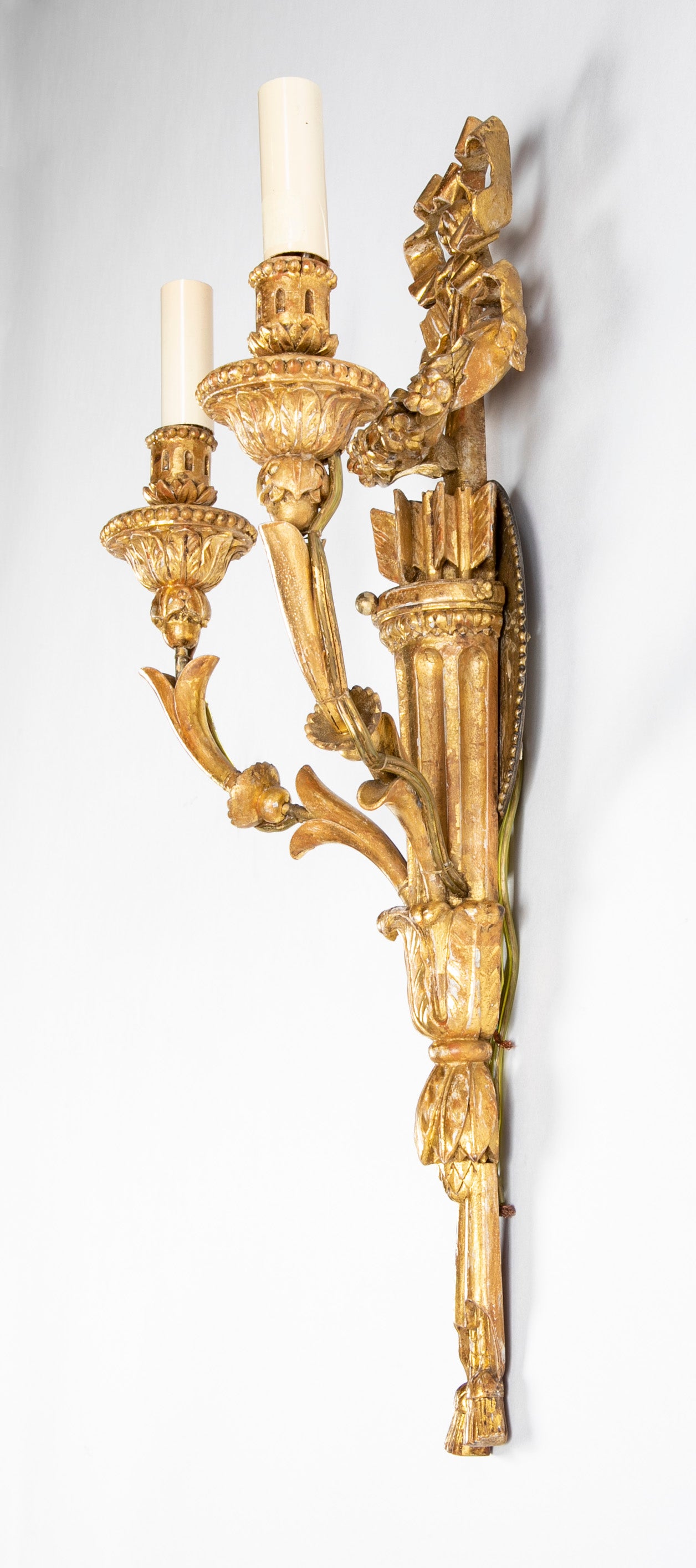 Pair of Louis XVI Giltwood Sconces with Bow Knot & Quiver Motif