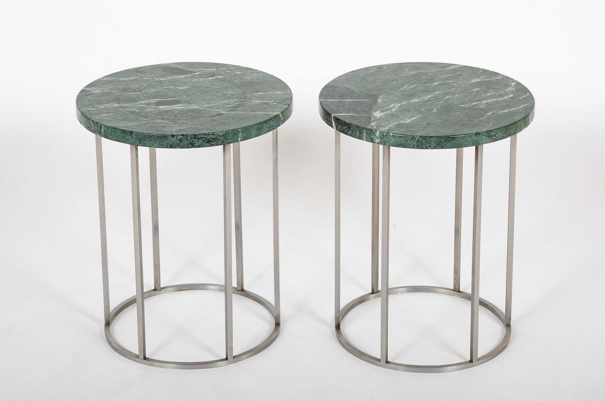 Pair of Late 20th Century Green Marble Top Brushed Aluminum Side Tables