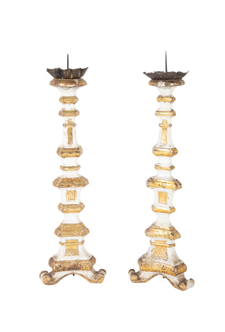 Pair of Carved Altar Sticks in White/Gilt Finish