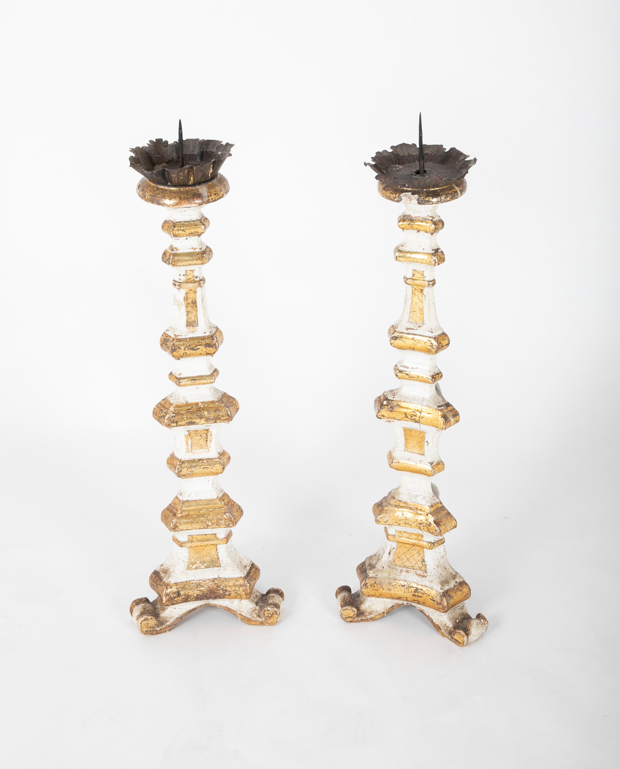 Pair of Carved Altar Sticks in White/Gilt Finish