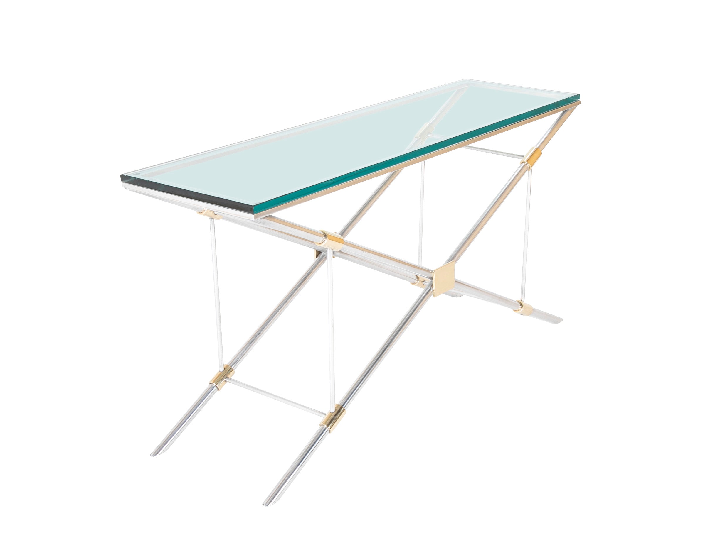 A John Vesey Console Table of Aluminum, Glass and Brass - 2 Available - Priced Individually
