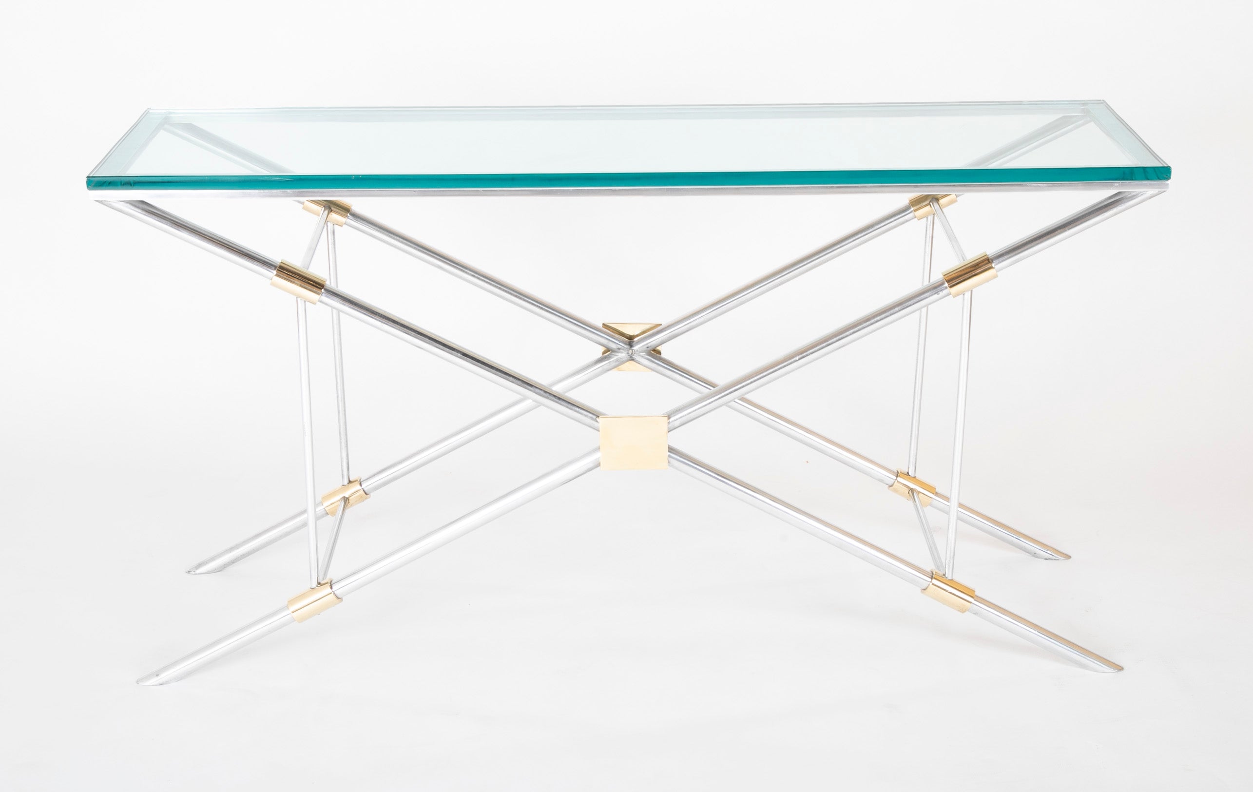 A John Vesey Console Table of Aluminum, Glass and Brass - 2 Available - Priced Individually