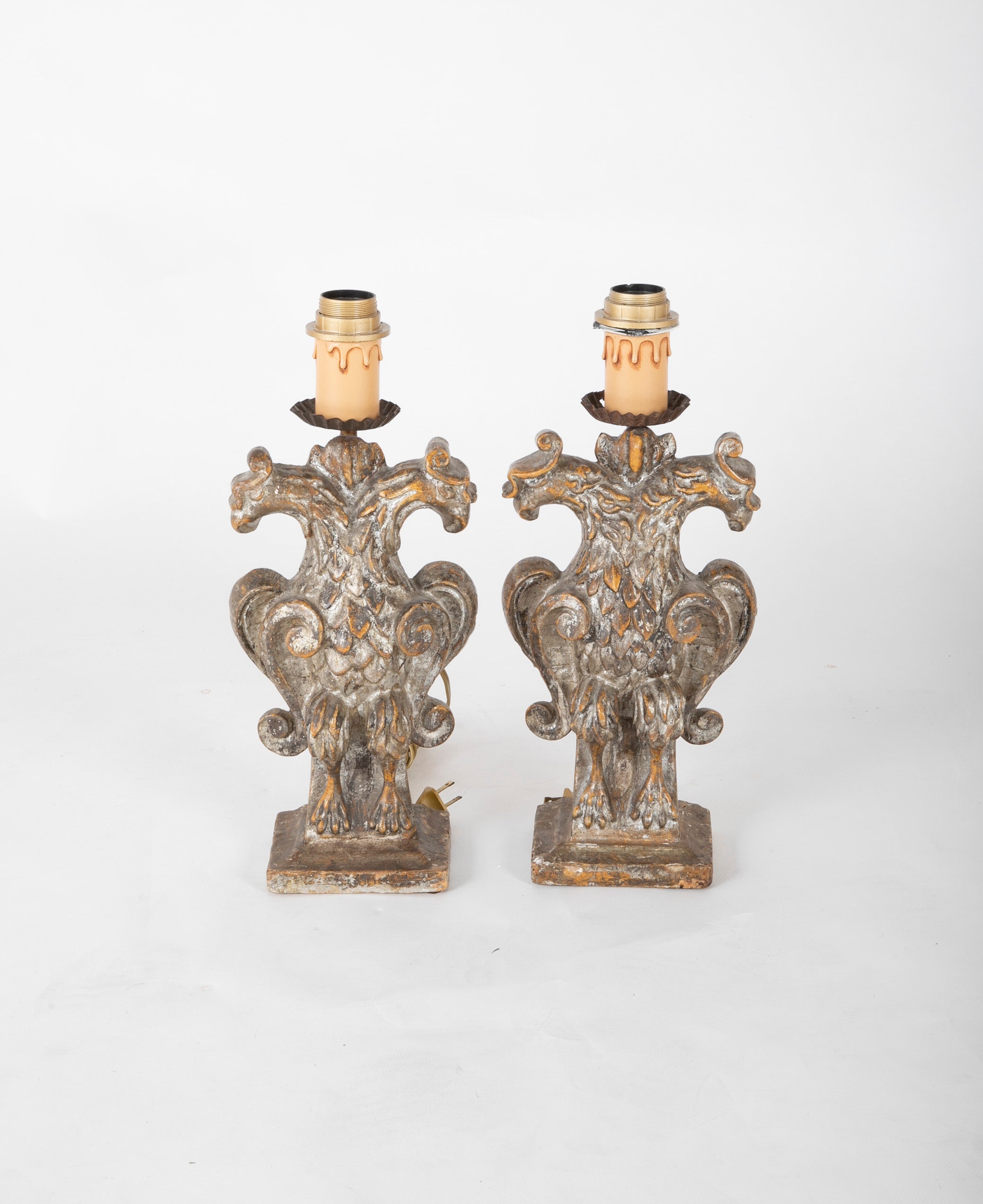 Pair of Late 18th Century Italian Carved Wood Double Eagle Lamps
