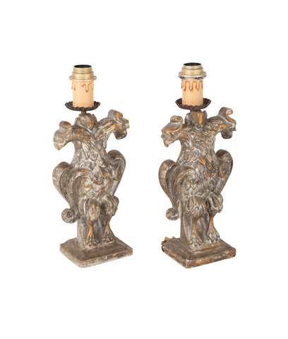 Pair of Late 18th Century Italian Carved Wood Double Eagle Lamps