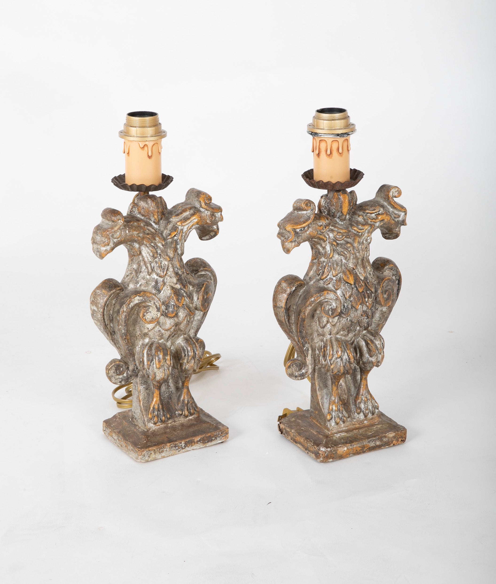 Pair of Late 18th Century Italian Carved Wood Double Eagle Lamps
